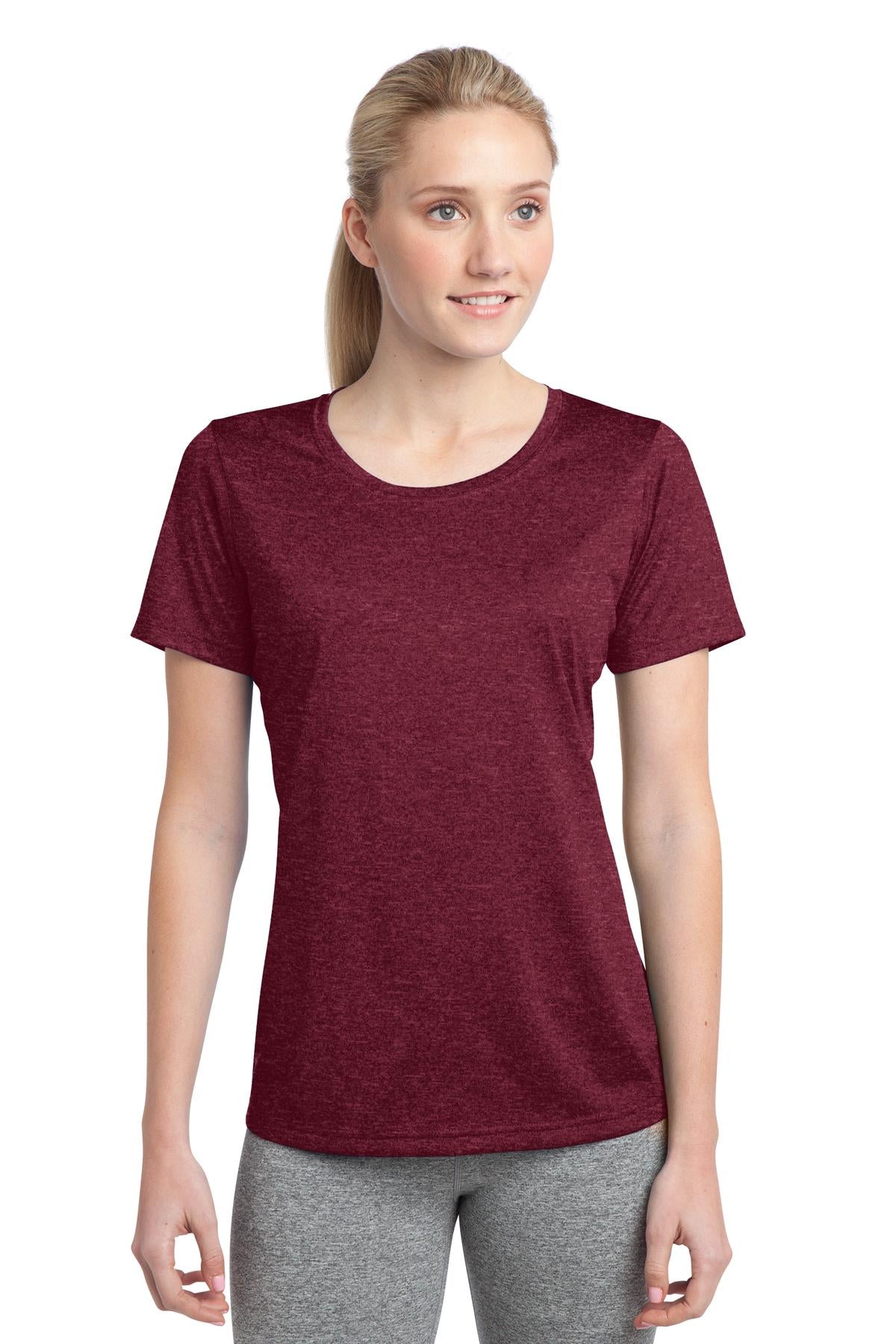 Front View of Cardinal Hthr Sport-Tek Women's Heather Contender Scoop Neck Tee. LST360