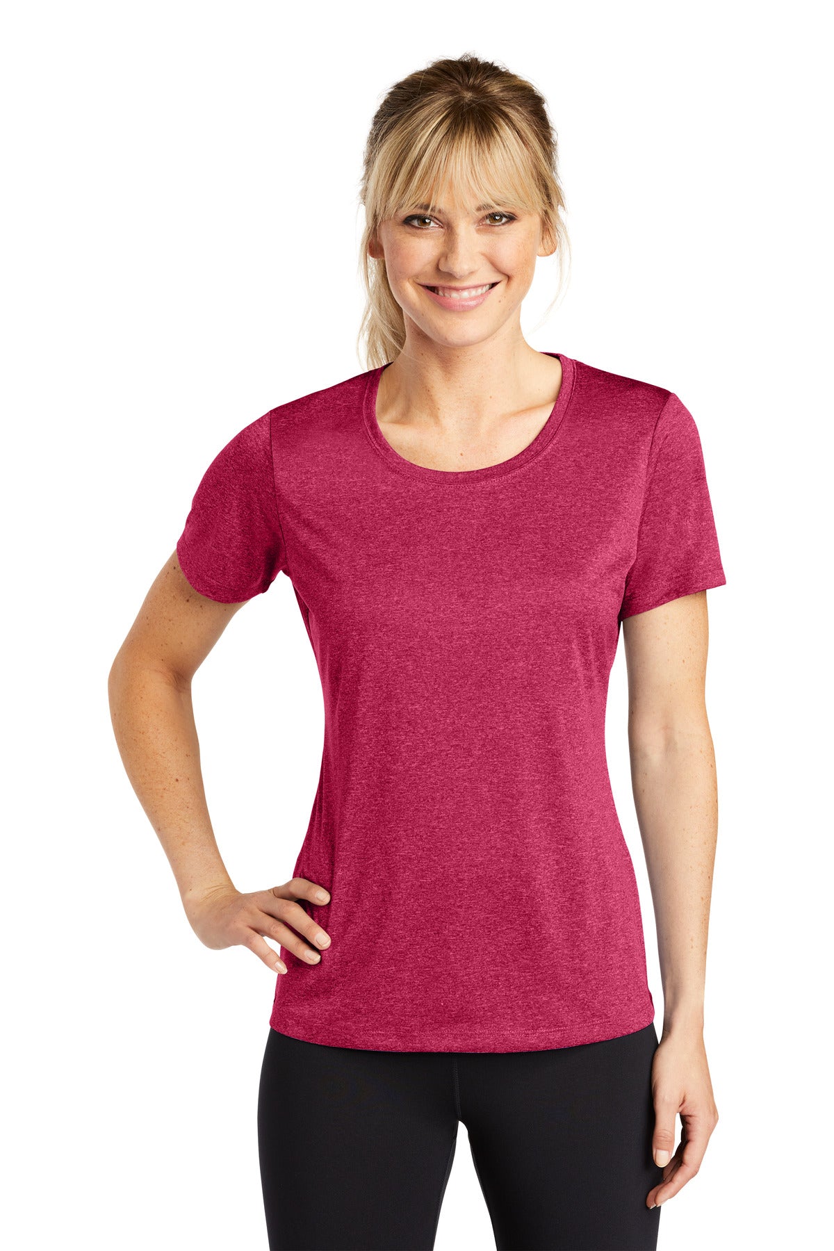 Front View of Cardinal Hthr Sport-Tek Women's Heather Contender Scoop Neck Tee. LST360