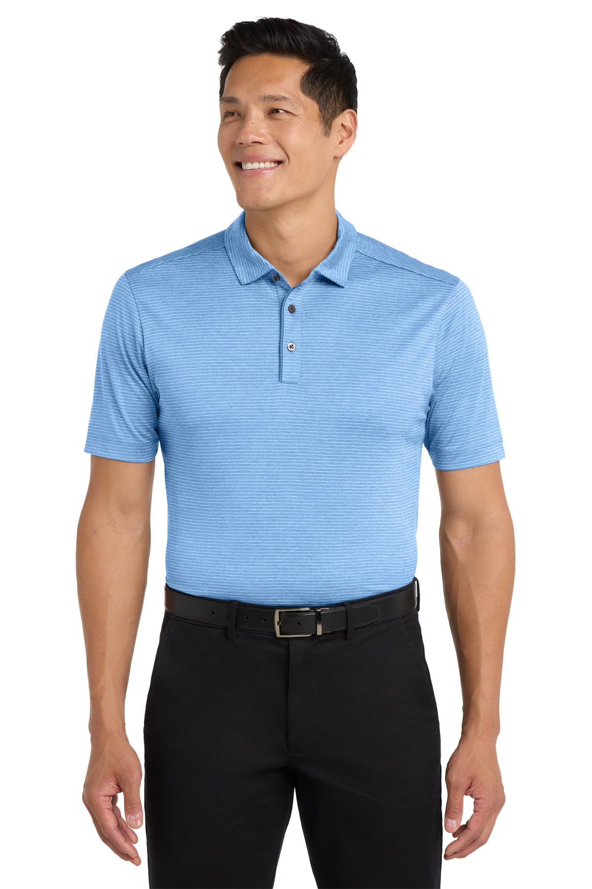 Front View of Carolina Blue Port Authority Shadow Stripe Polo. K585