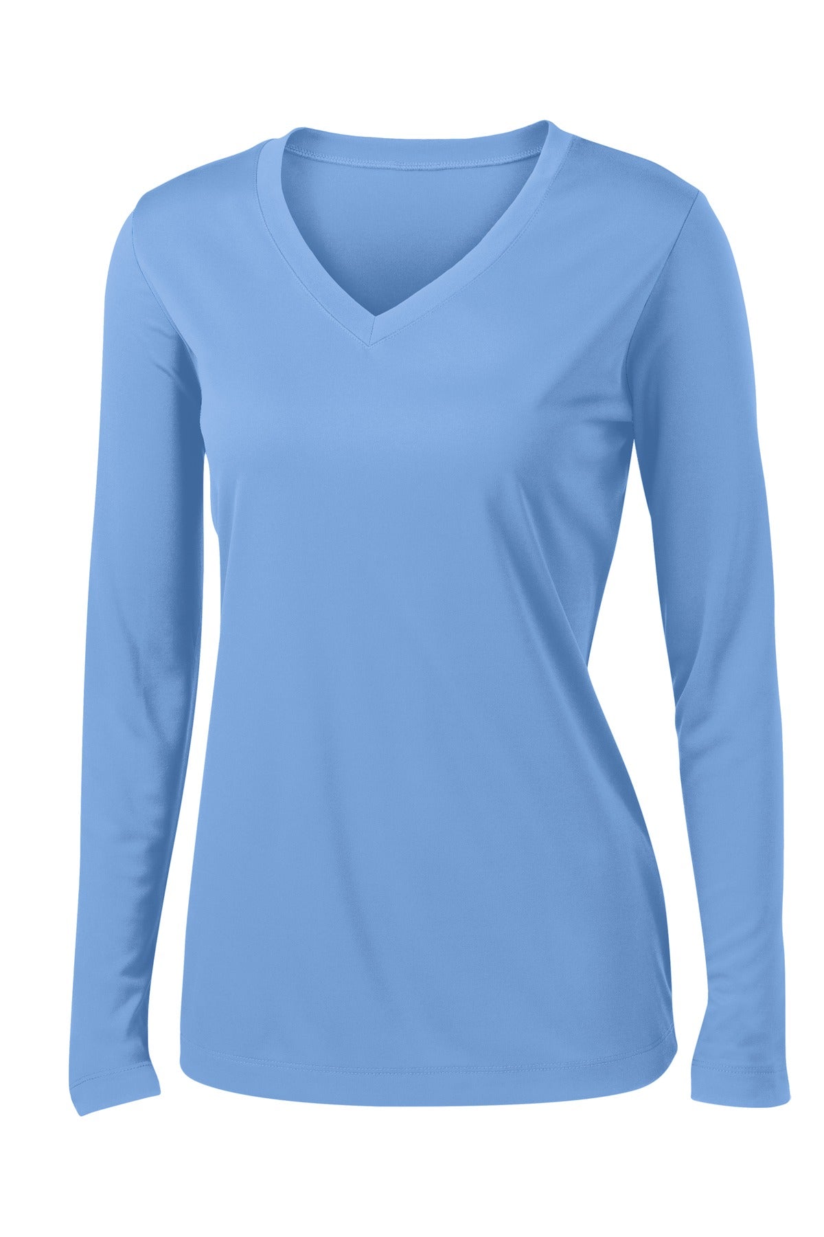 Front View of Carolina Blue Sport-Tek Women's Long Sleeve PosiCharge Competitor V-Neck Tee. LST353LS