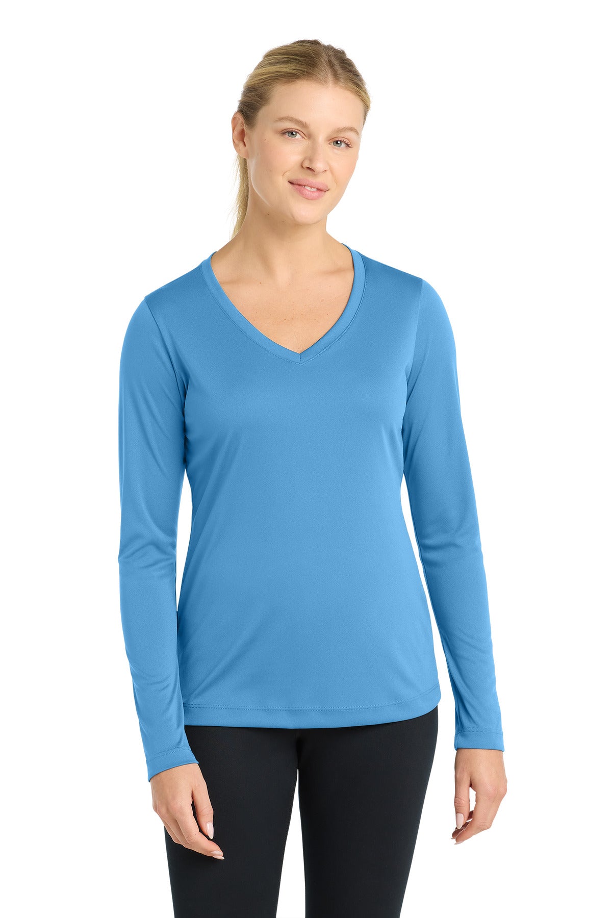 Front View of Carolina Blue Sport-Tek Women's Long Sleeve PosiCharge Competitor V-Neck Tee. LST353LS