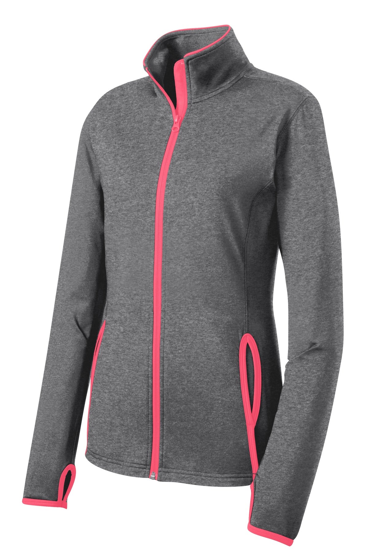 Front View of CGH/Hot Coral Sport-Tek Women's Sport-Wick Stretch Contrast Full-Zip Jacket. LST853