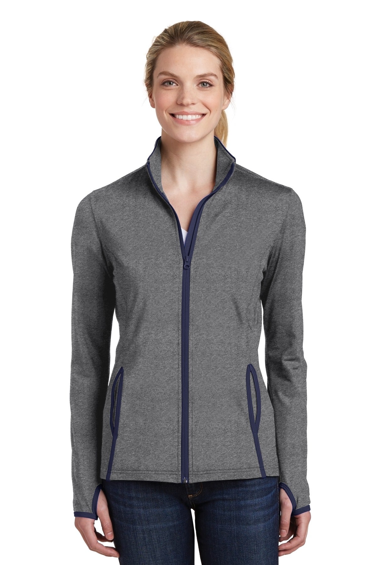 Front View of CGH/True Navy Sport-Tek Women's Sport-Wick Stretch Contrast Full-Zip Jacket. LST853