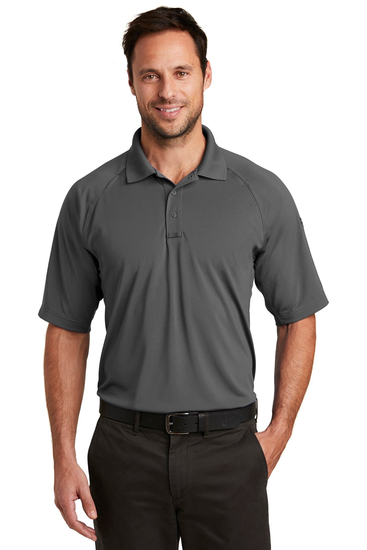 Front View of Charcoal CornerStone Select Lightweight Snag-Proof Tactical Polo. CS420