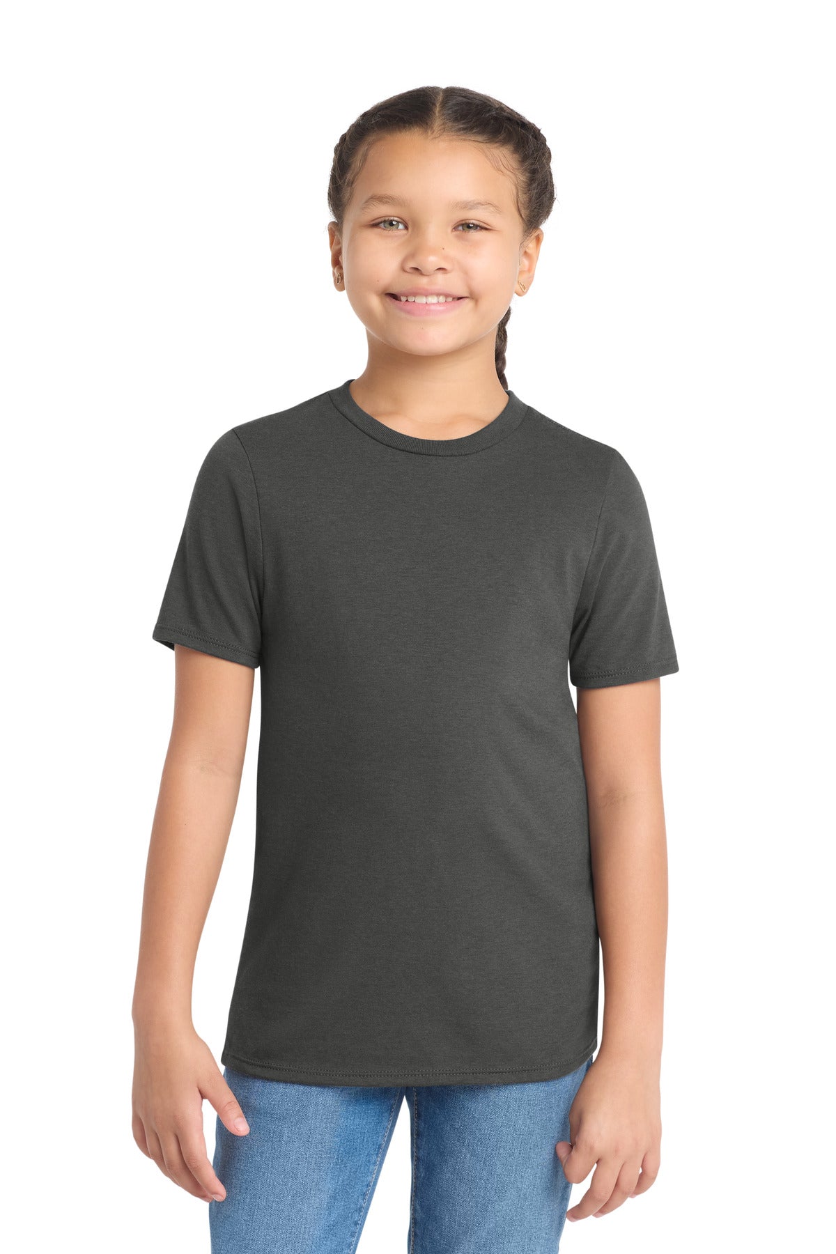 Front View of Charcoal District Youth Perfect Tri Tee. DT130Y