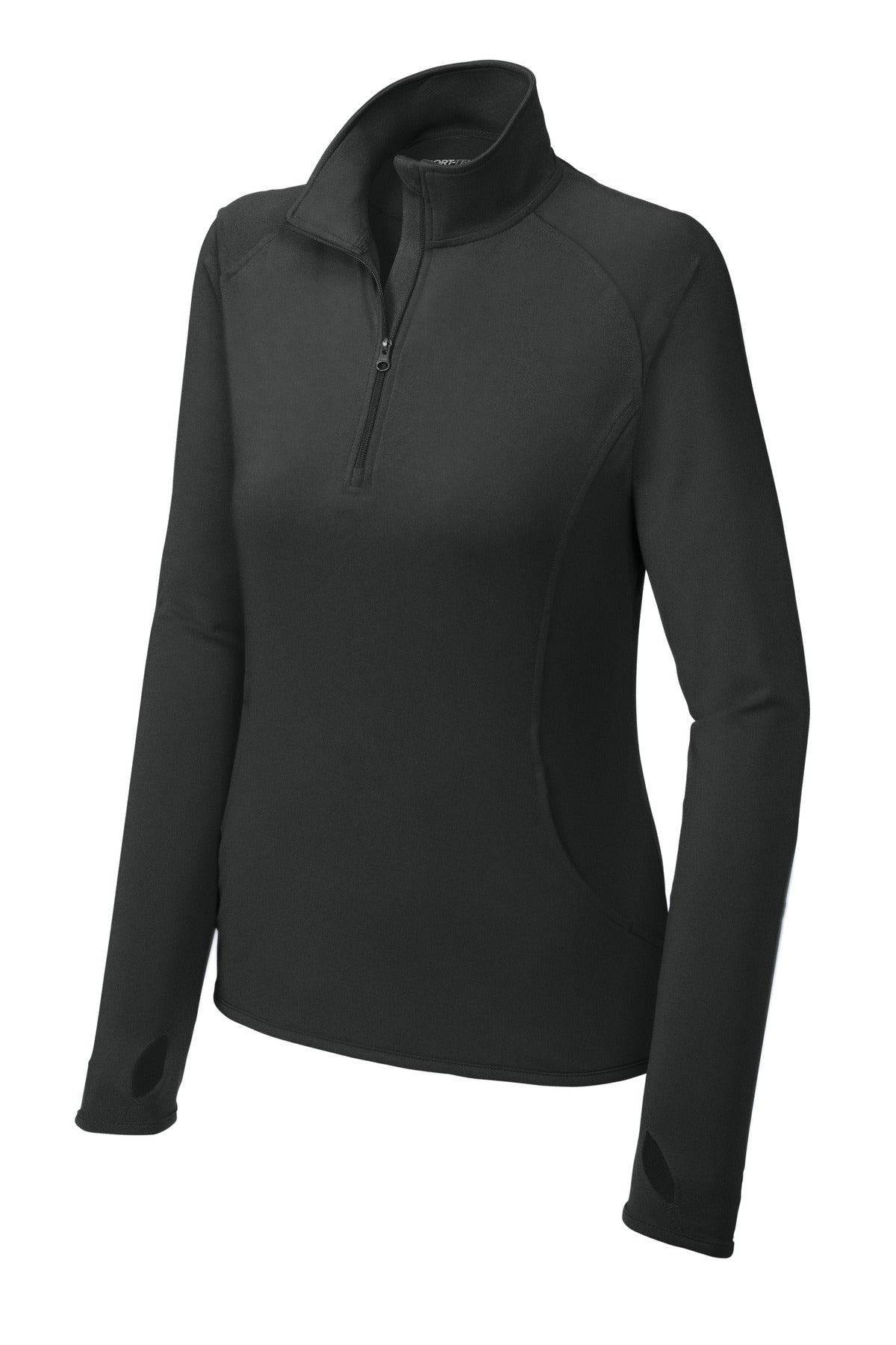 Front View of Charcoal Grey Sport-Tek Women's Sport-Wick Stretch 1/4-Zip Pullover. LST850