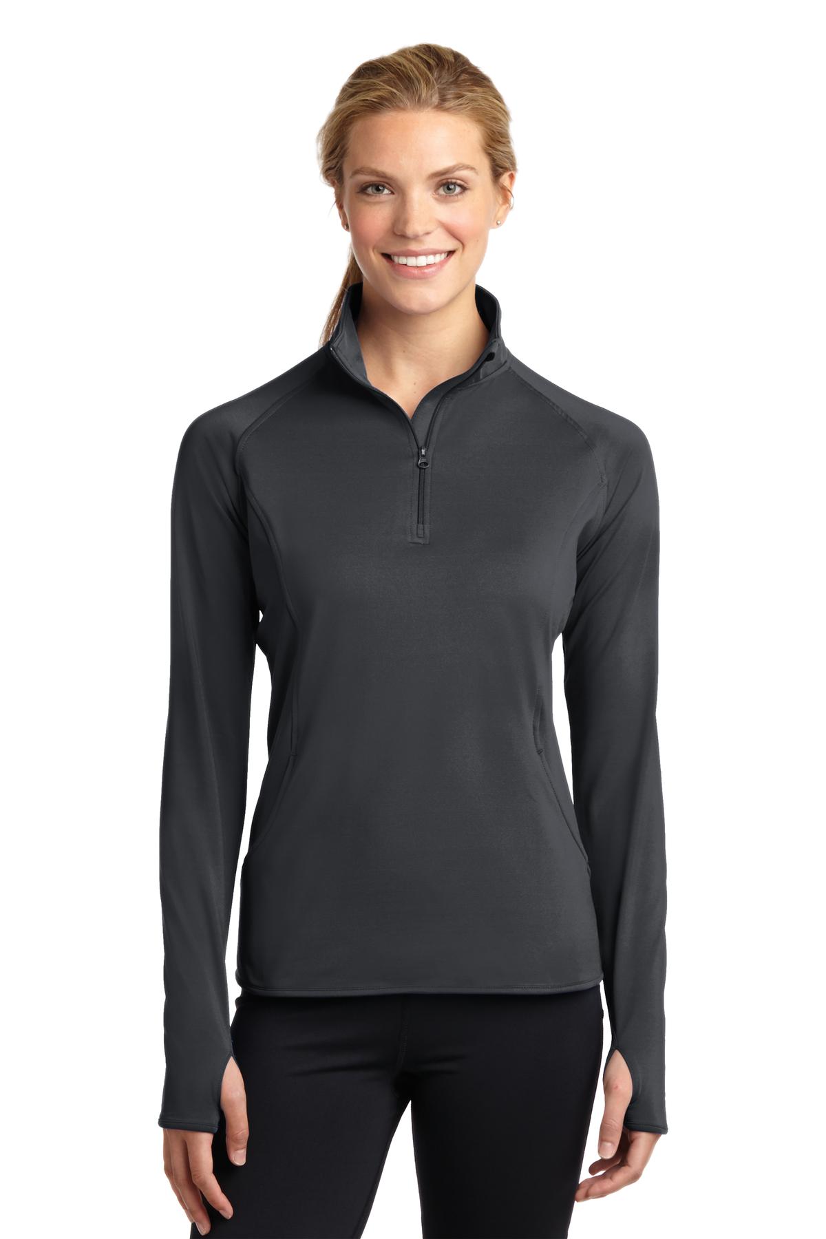 Front View of Charcoal Grey Sport-Tek Women's Sport-Wick Stretch 1/4-Zip Pullover. LST850