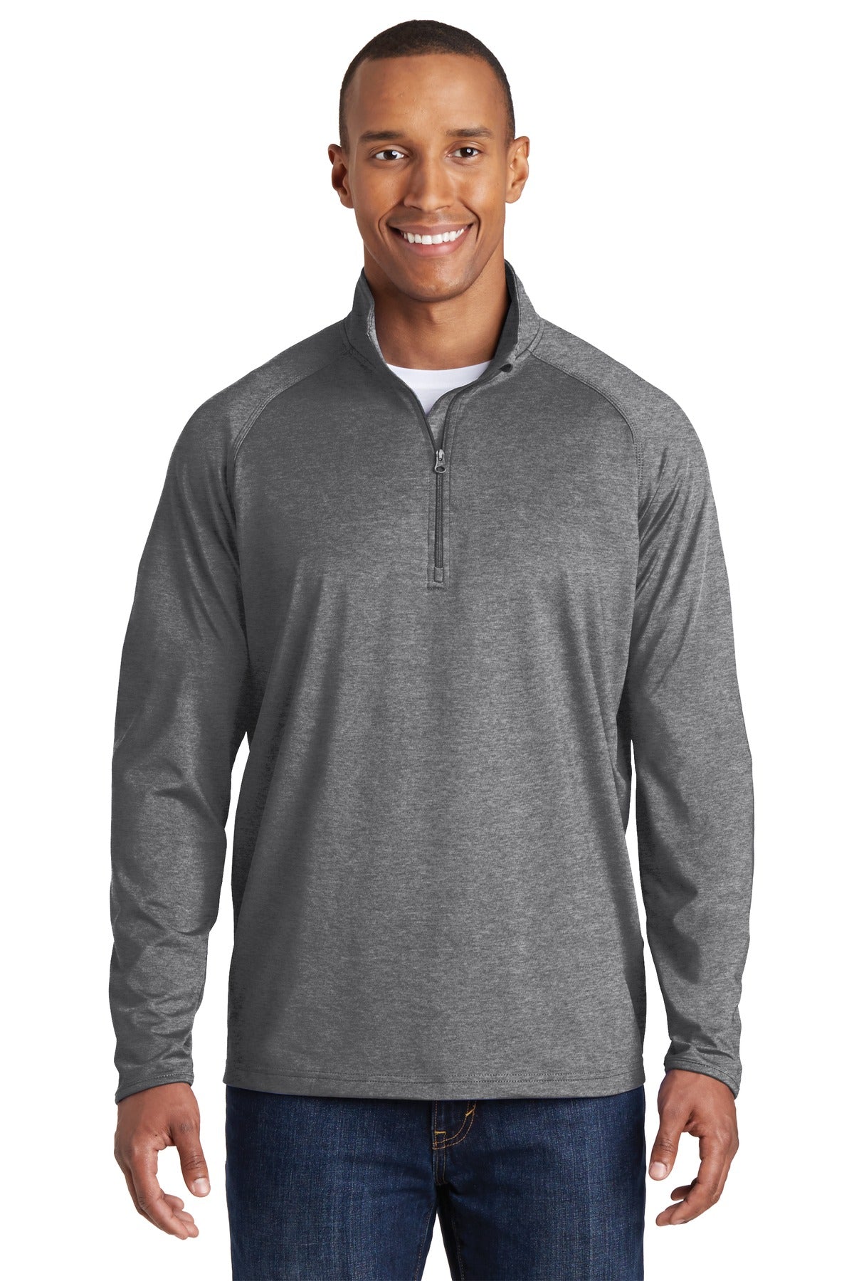 Front View of Charcoal Gy He Sport-Tek Tall Sport-Wick Stretch 1/4-Zip Pullover. TST850