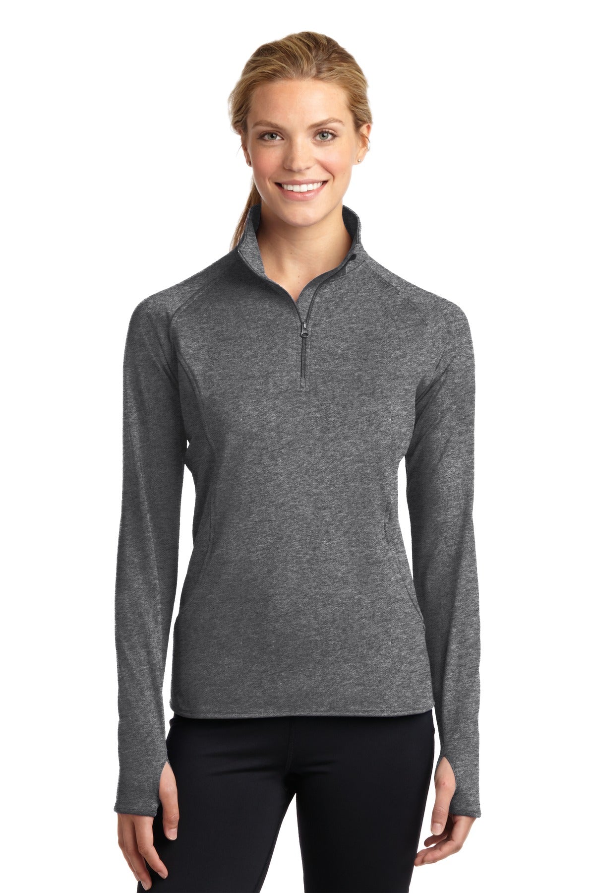 Front View of Charcoal Gy He Sport-Tek Women's Sport-Wick Stretch 1/4-Zip Pullover. LST850