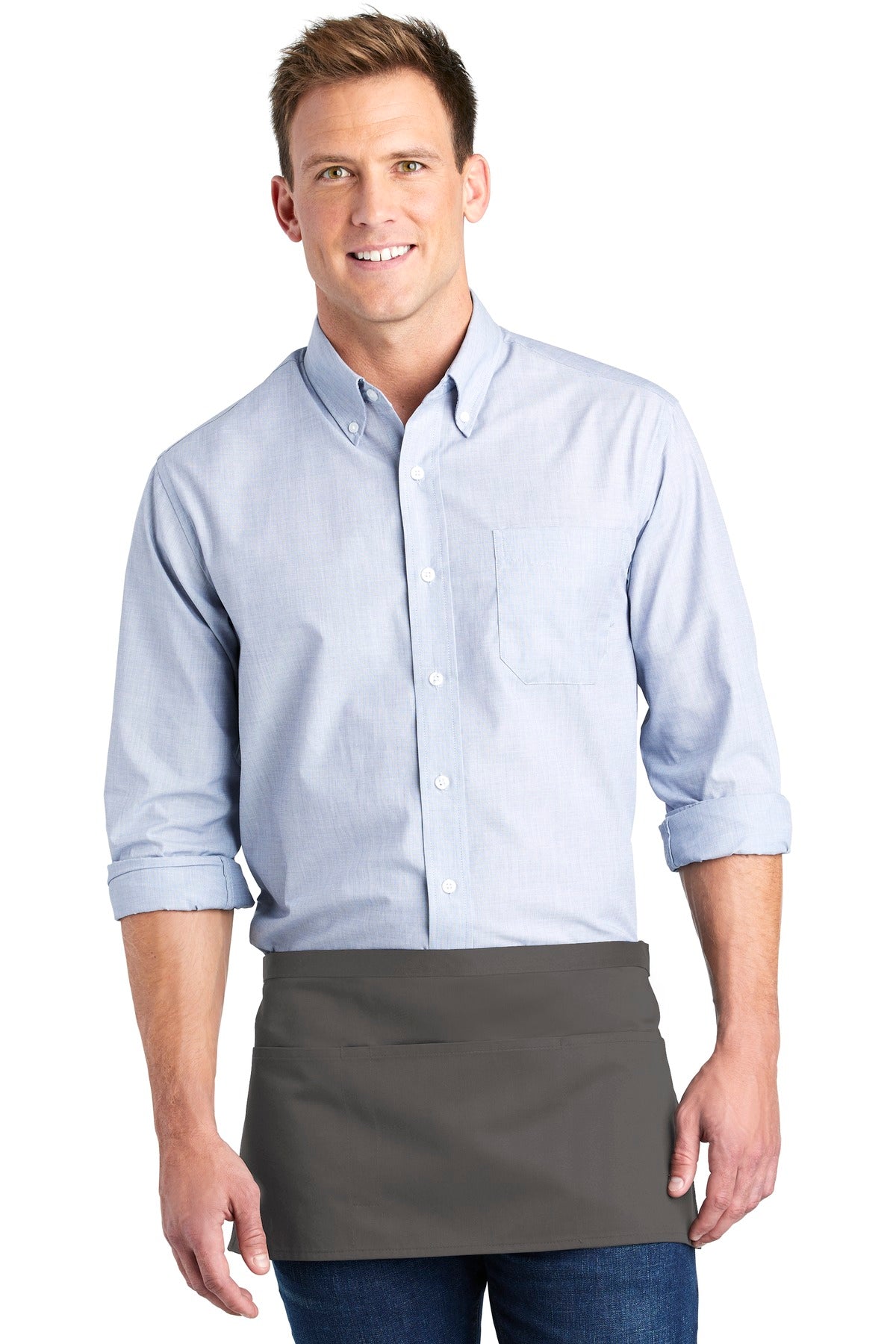 Front View of Charcoal Port Authority Three-Pocket Waist Apron. A602