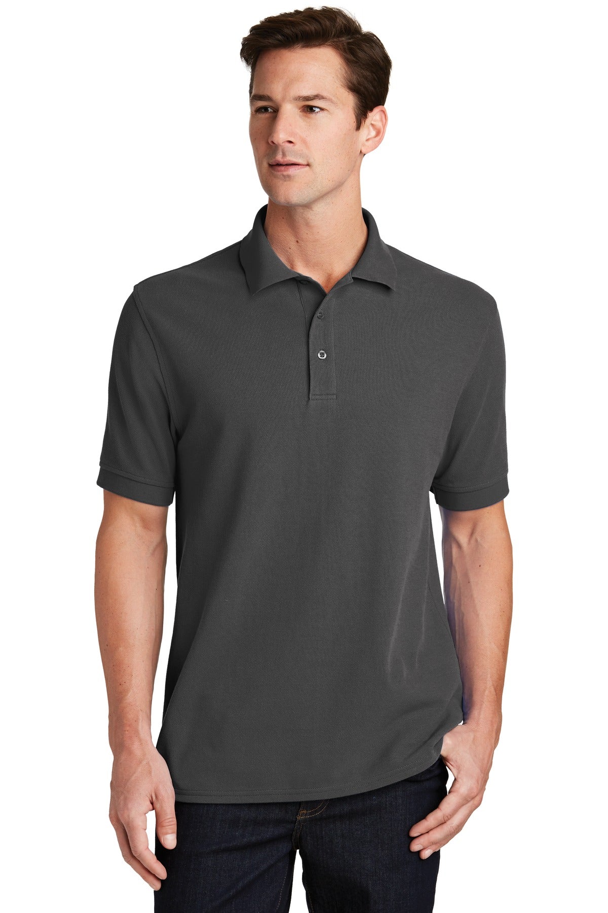Front View of Charcoal Port & Company Combed Ring Spun Pique Polo. KP1500