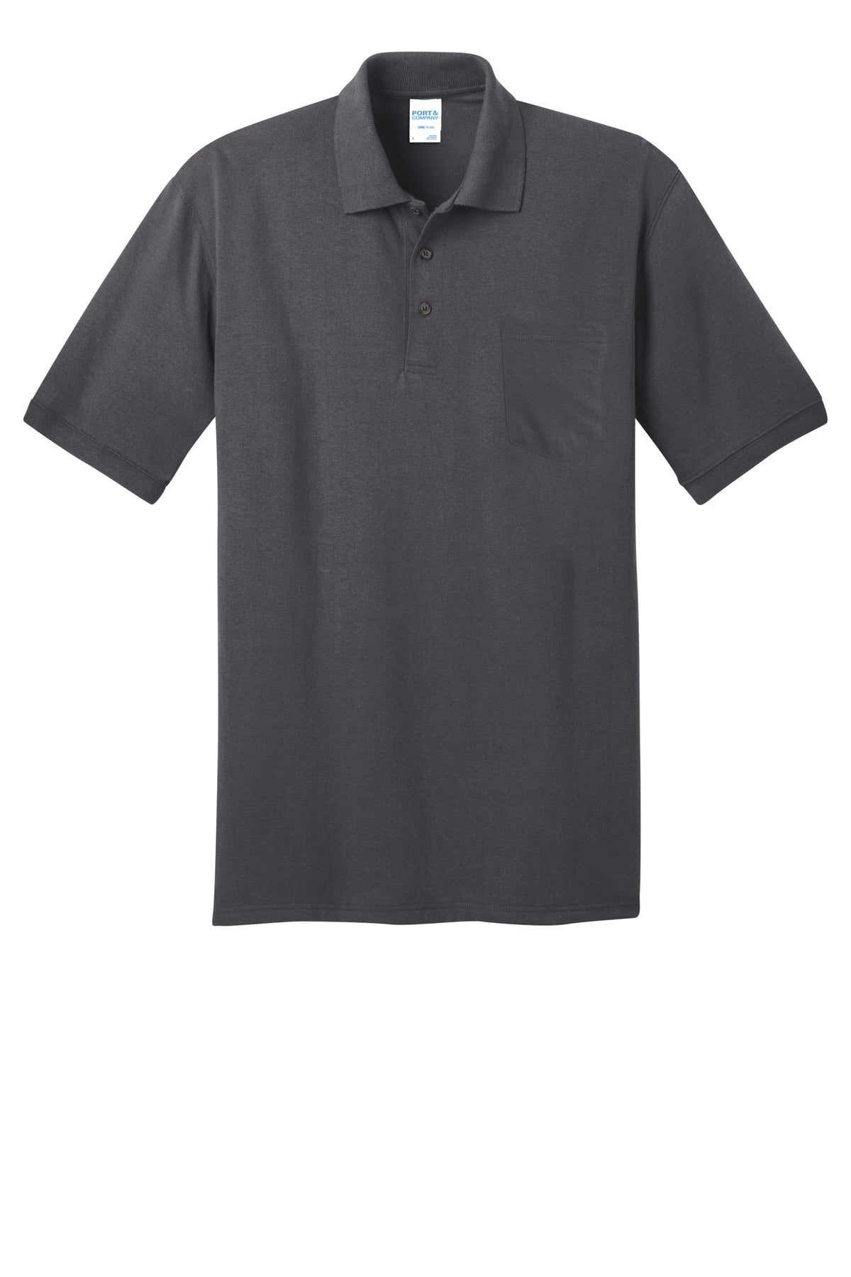 Front View of Charcoal Port & Company Core Blend Jersey Knit Pocket Polo. KP55P