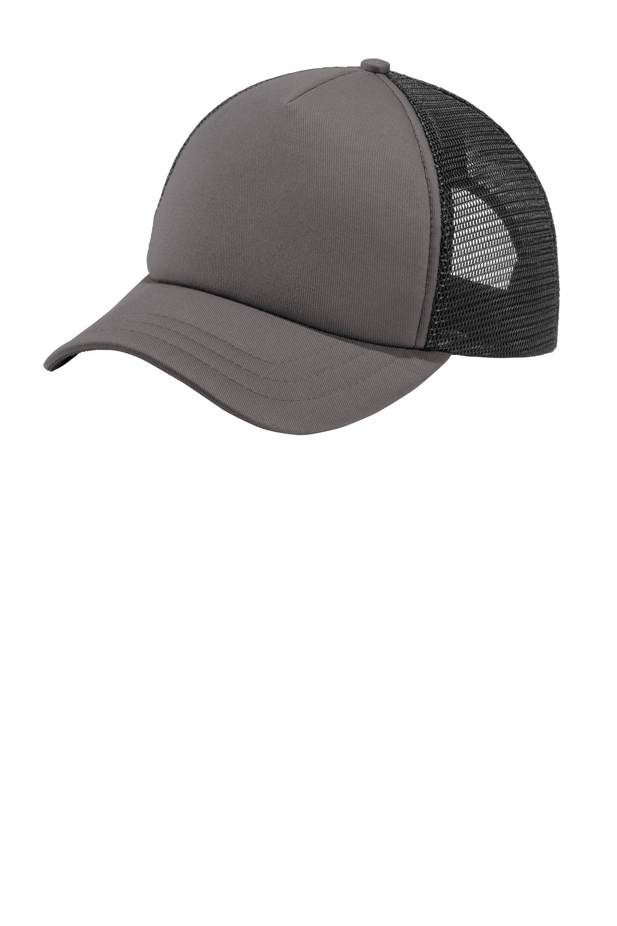 Front View of Charcoal/Black Port Authority 5-Panel Twill Foam Trucker Cap. C936