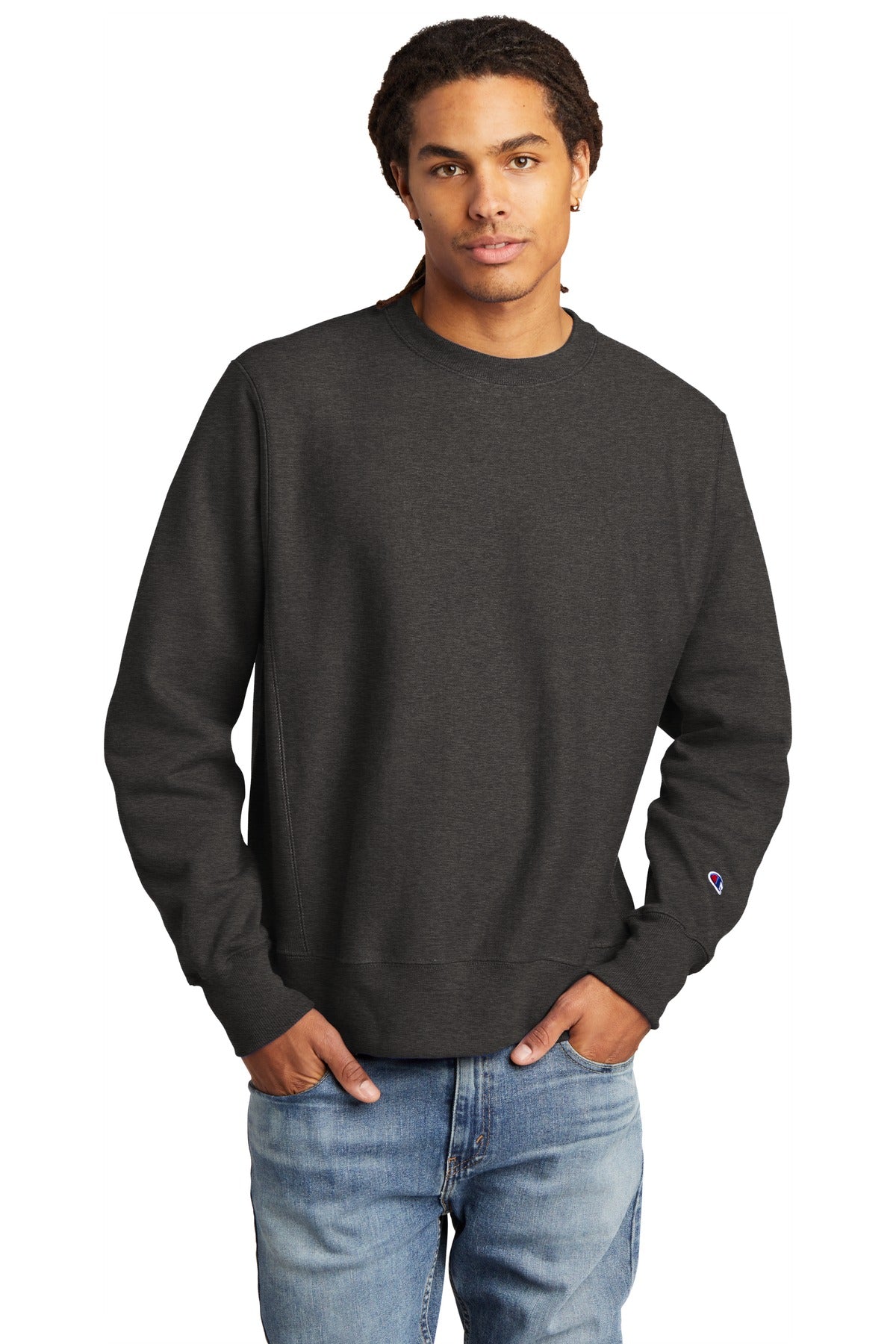 Front View of CharcoalHt Champion Reverse Weave Crewneck Sweatshirt S149