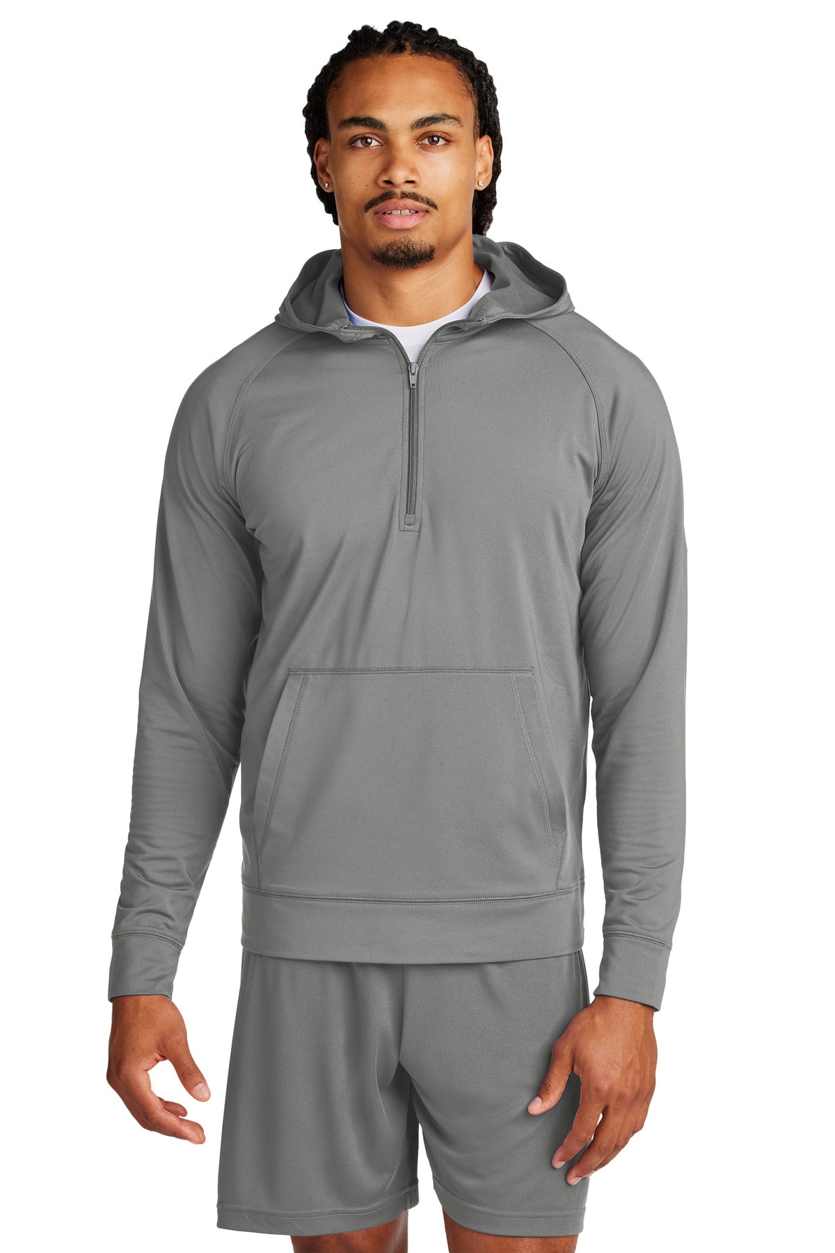 Front View of CharGrey Sport-Tek Sport-Wick Stretch 1/2-Zip Hoodie ST856