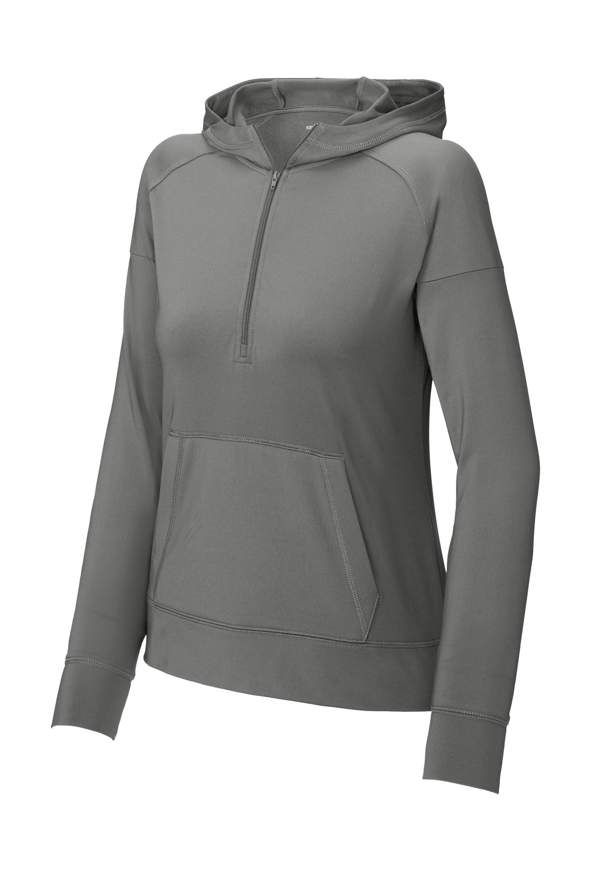 Front View of CharGrey Sport-Tek Women's Sport-Wick Stretch 1/2-Zip Hoodie LST856