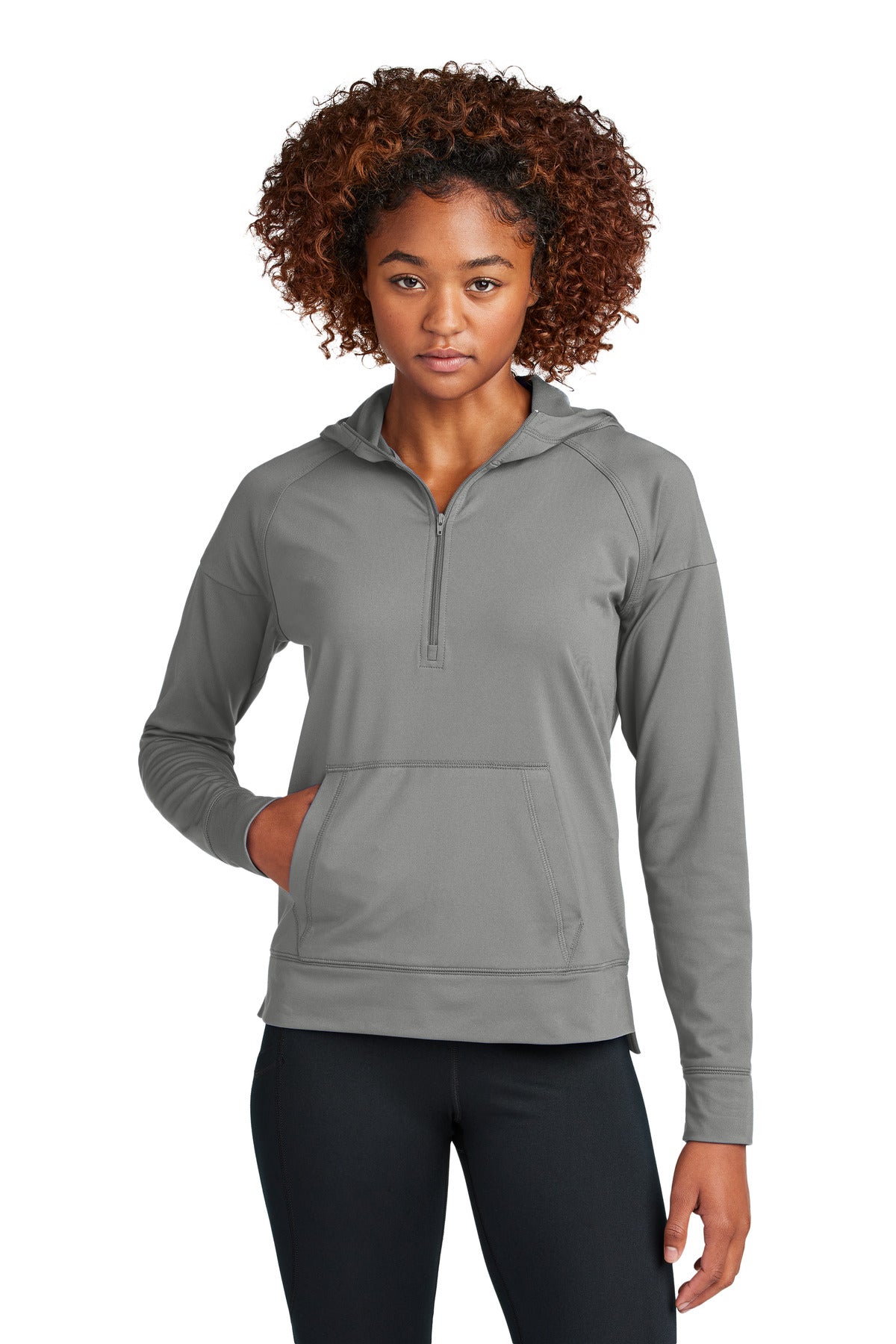 Front View of CharGrey Sport-Tek Women's Sport-Wick Stretch 1/2-Zip Hoodie LST856