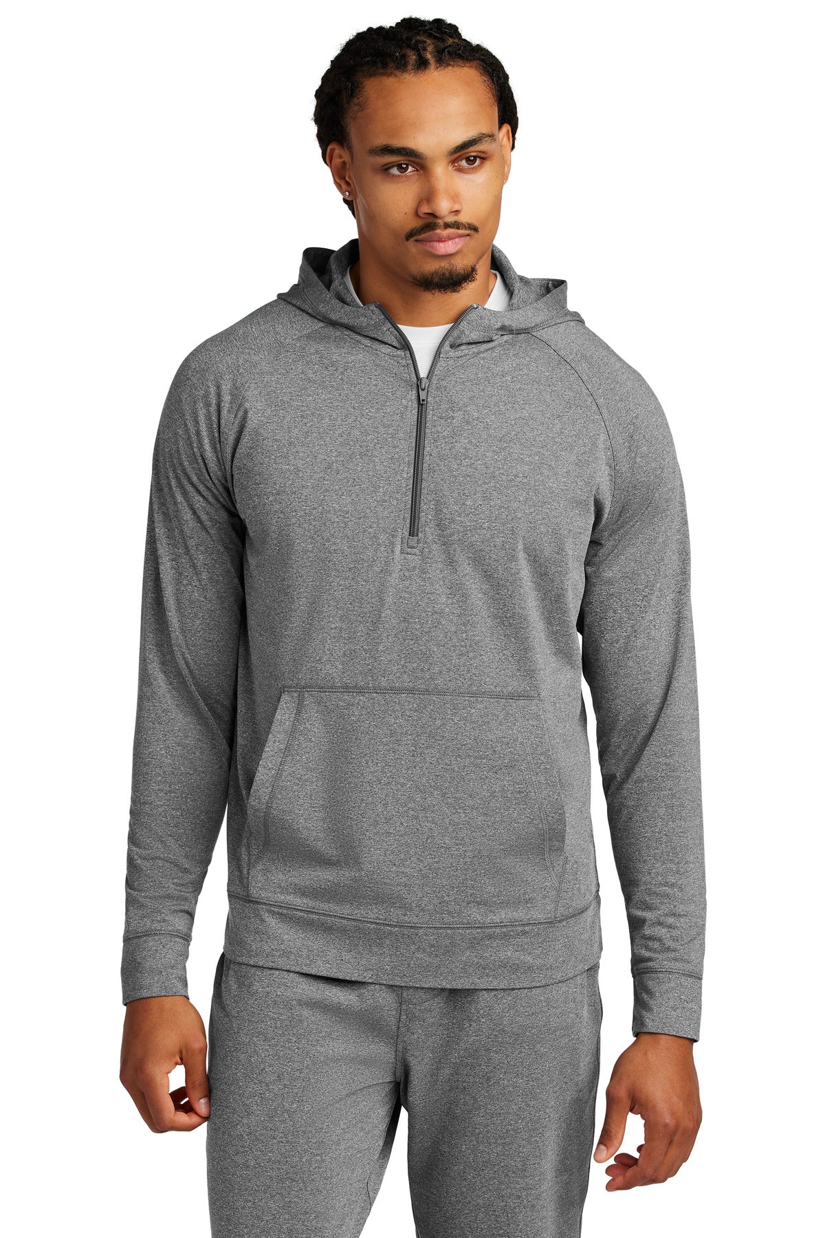 Front View of CharGreyHt Sport-Tek Sport-Wick Stretch 1/2-Zip Hoodie ST856