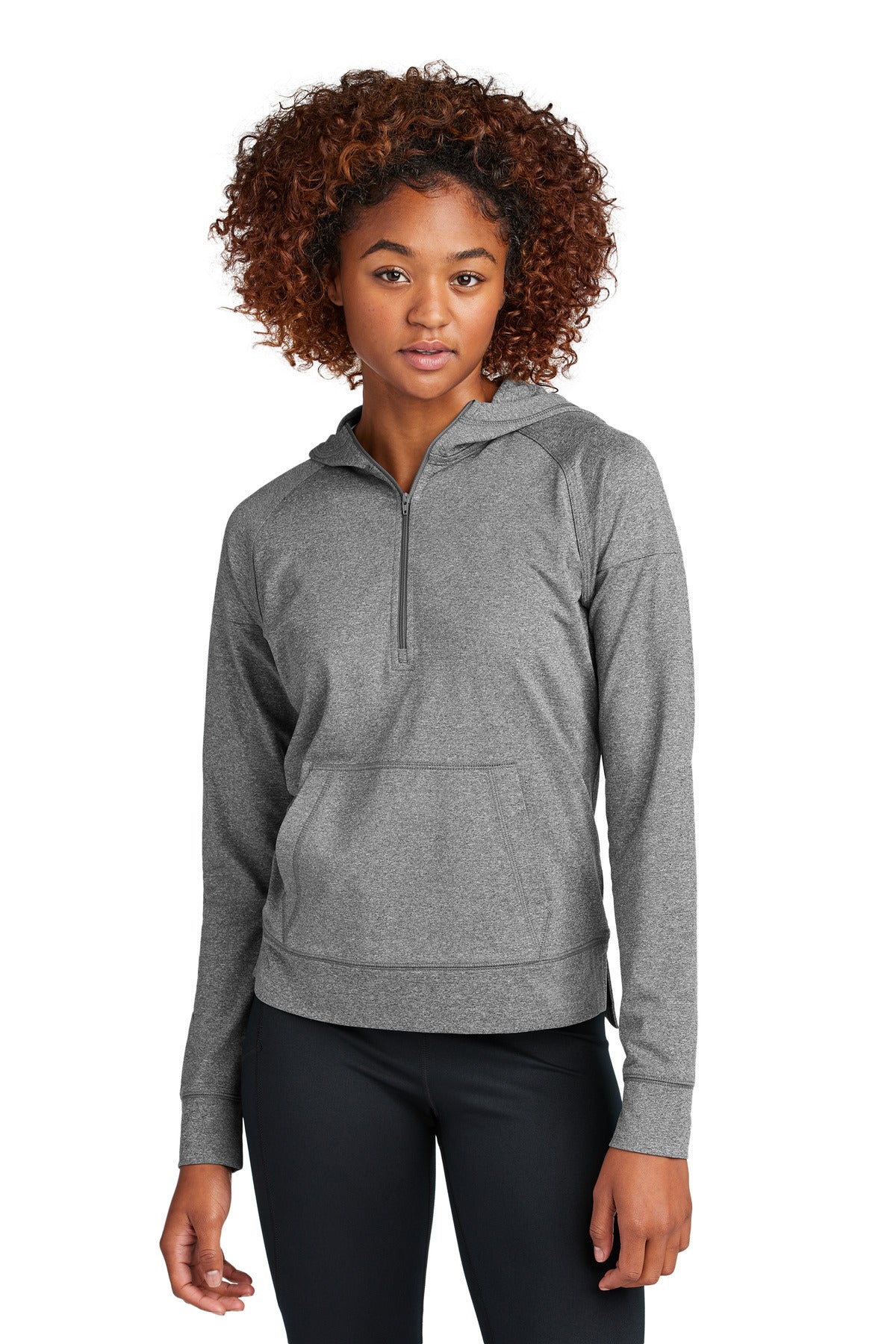 Front View of CharGreyHt Sport-Tek Women's Sport-Wick Stretch 1/2-Zip Hoodie LST856