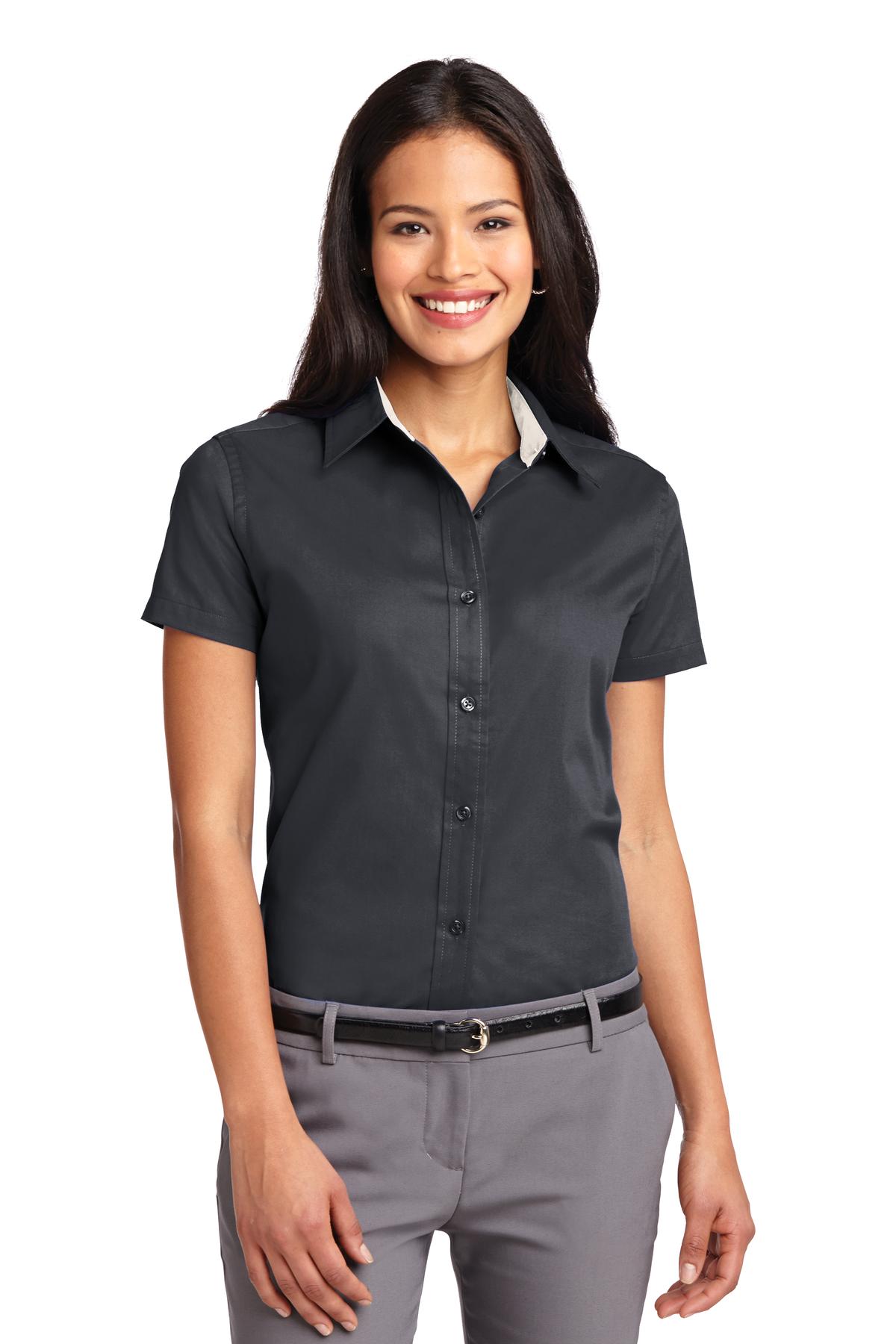 Front View of Cl Navy/Lt Stn Port Authority Women's Short Sleeve Easy Care Shirt. L508