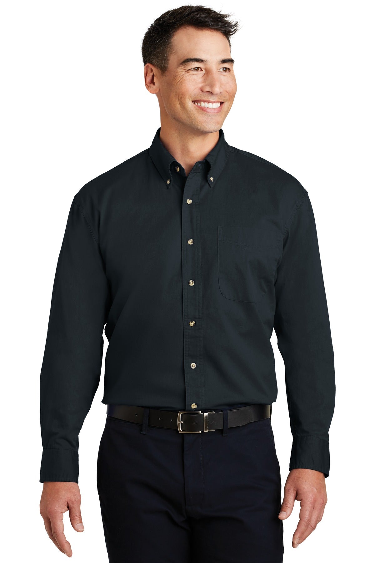 Front View of Classic Navy Port Authority Long Sleeve Twill Shirt. S600T