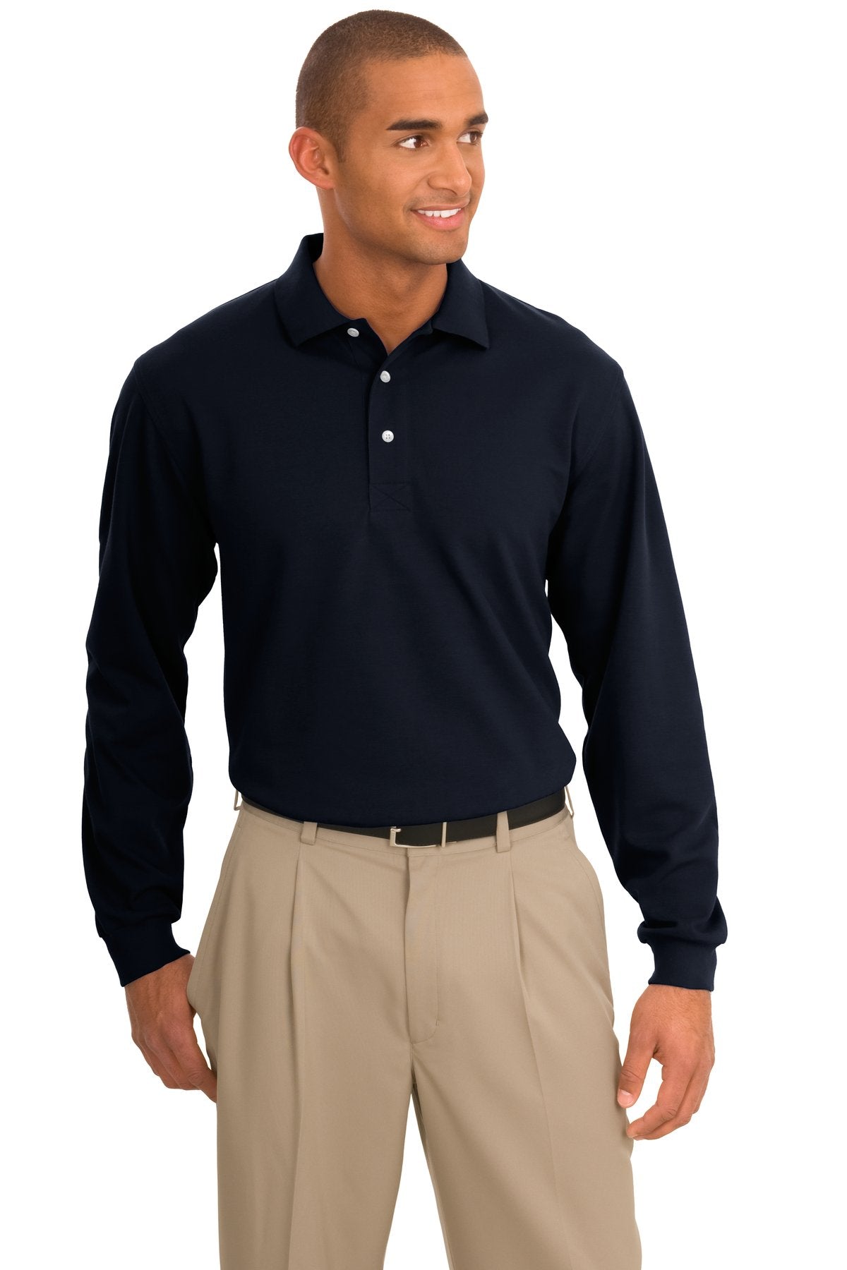 Front View of Classic Navy Port Authority Rapid Dry Long Sleeve Polo. K455LS