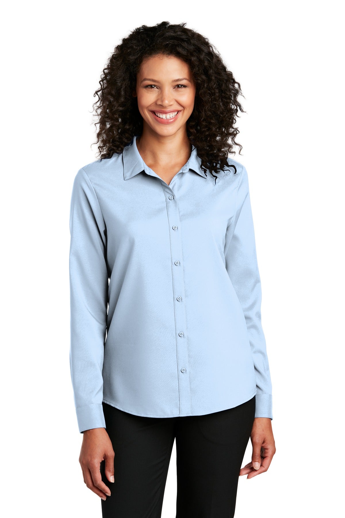 Front View of Cloud Blue Port Authority Women's Long Sleeve Performance Staff Shirt LW401