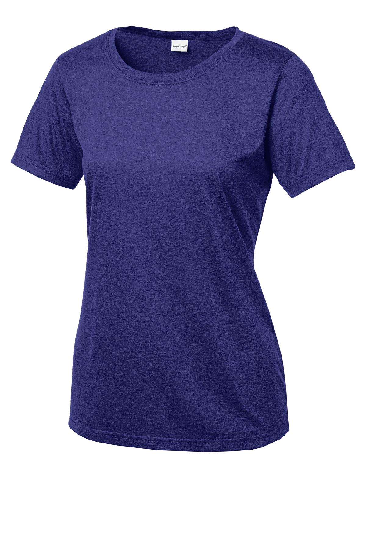 Front View of Cobalt Hthr Sport-Tek Women's Heather Contender Scoop Neck Tee. LST360