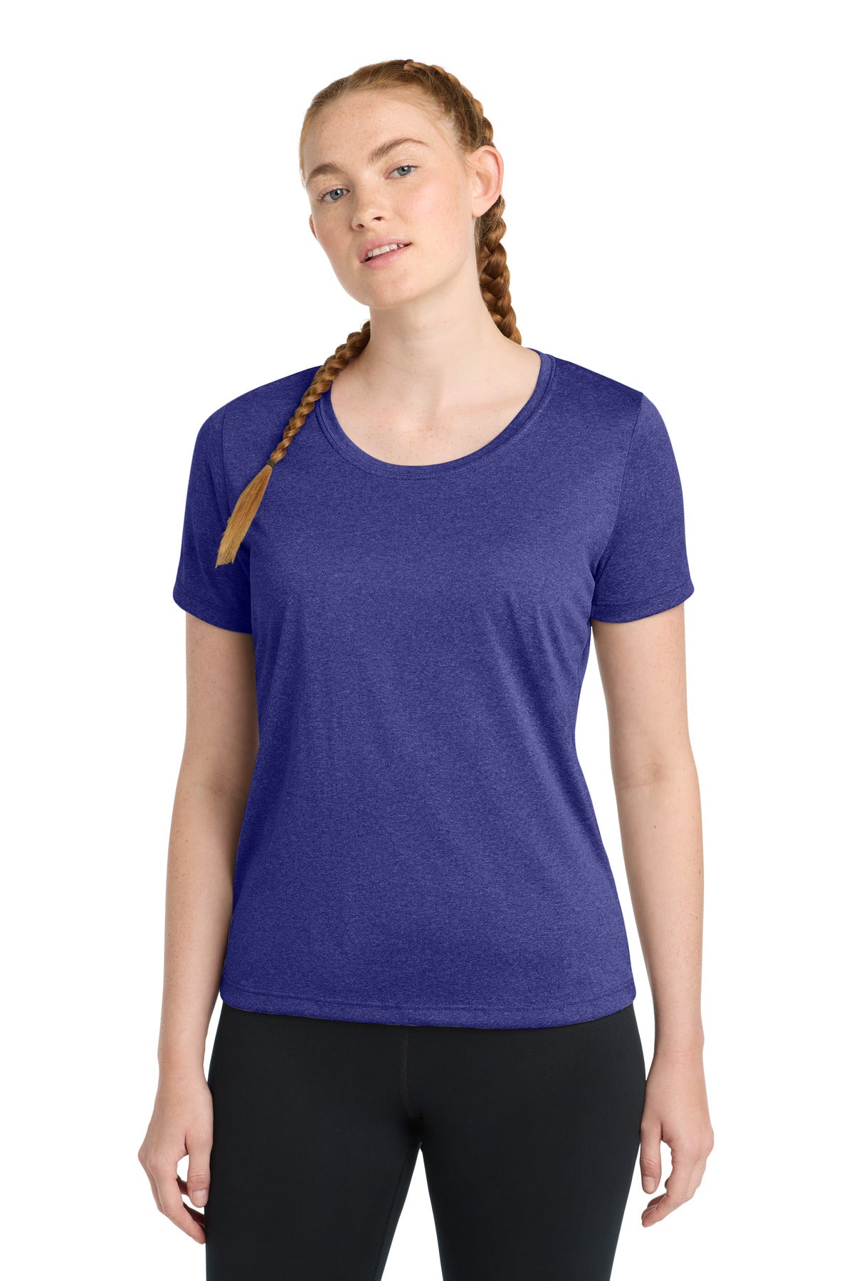 Front View of Cobalt Hthr Sport-Tek Women's Heather Contender Scoop Neck Tee. LST360