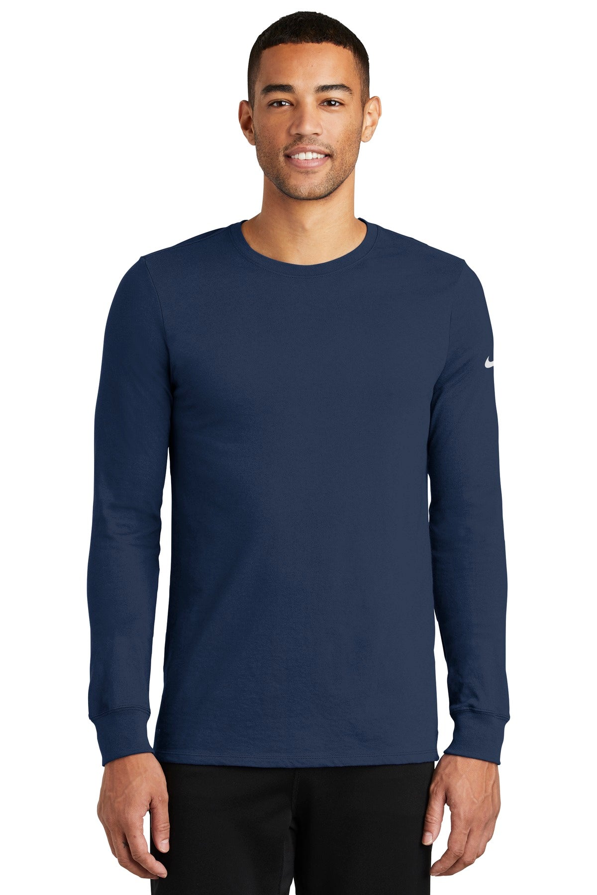 Front View of College Navy Nike Dri-FIT Cotton/Poly Long Sleeve Tee. NKBQ5230