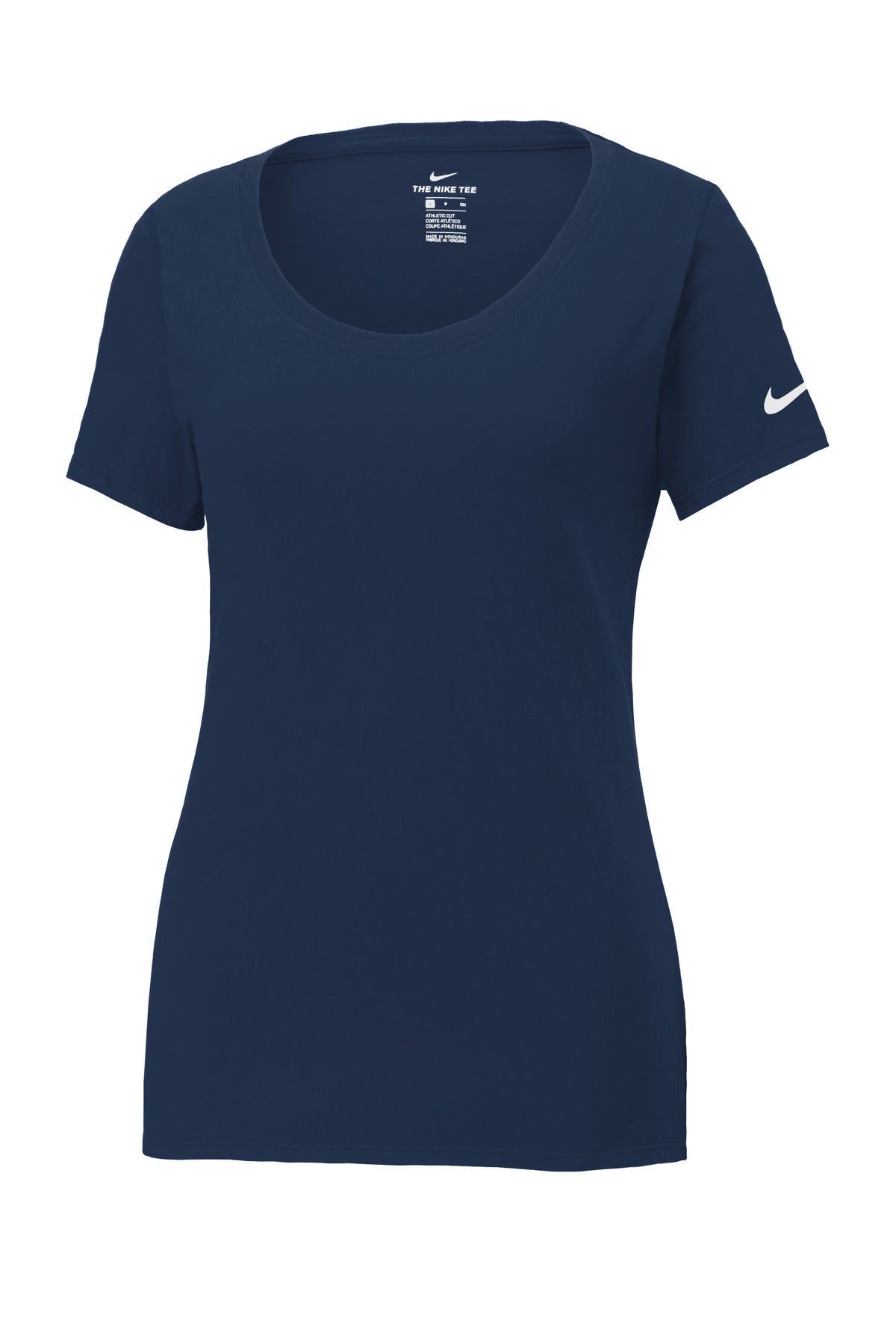 Front View of College Navy Nike Women's Dri-FIT Cotton/Poly Scoop Neck Tee. NKBQ5234
