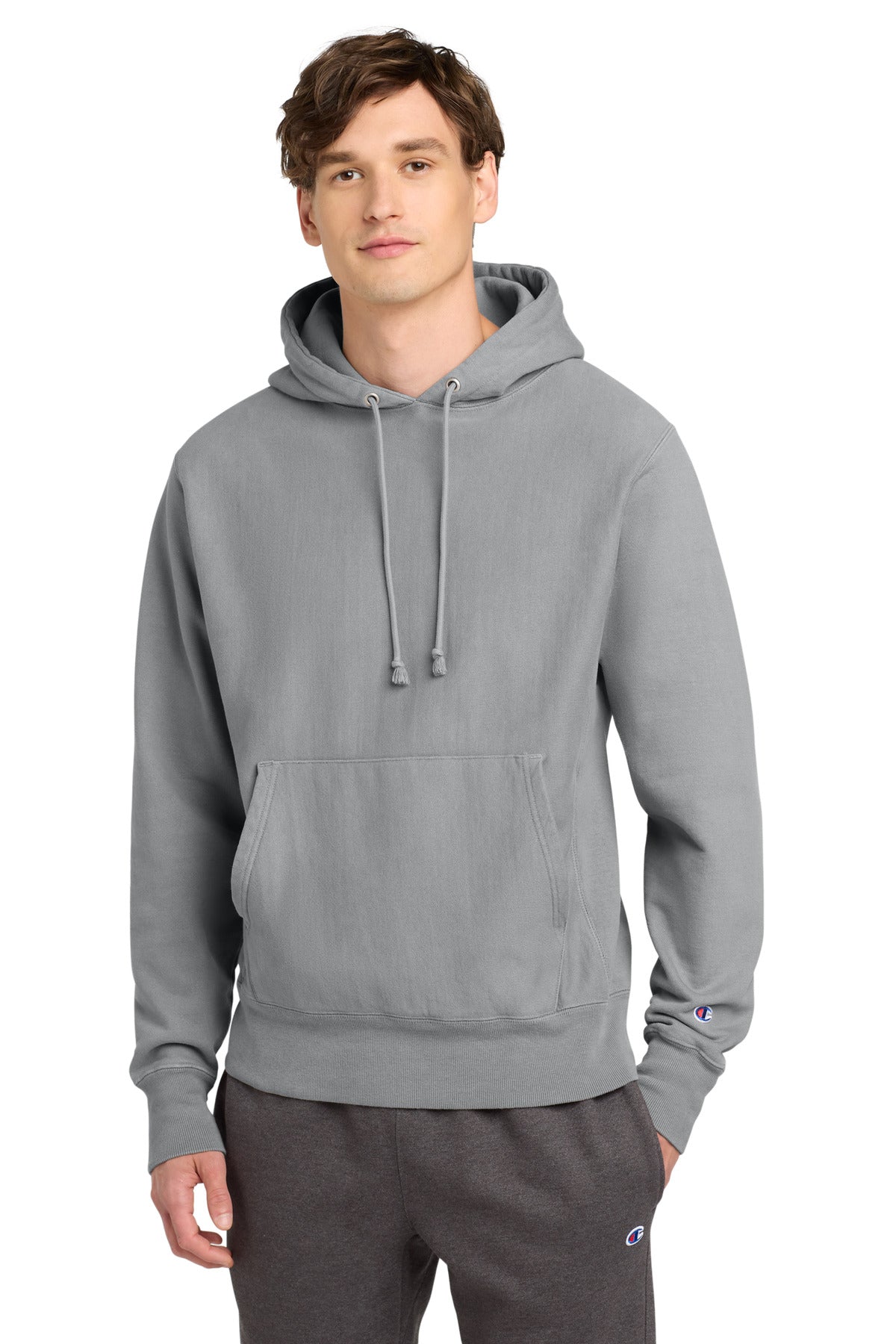 Front View of Concrete Champion Reverse Weave Garment-Dyed Hooded Sweatshirt. GDS101