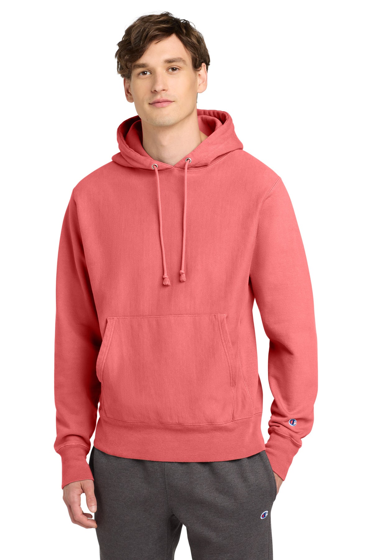 Front View of CoralCraze Champion Reverse Weave Garment-Dyed Hooded Sweatshirt. GDS101