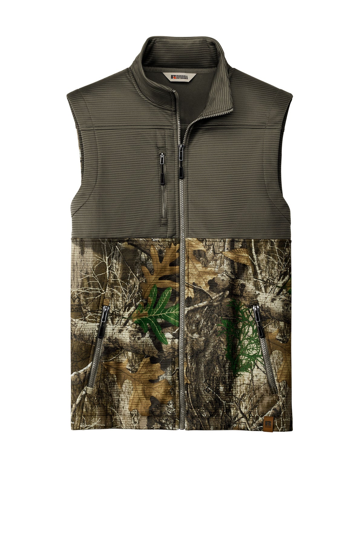 Front View of CrgBr/RTEd Russell Outdoors Realtree Atlas Colorblock Soft Shell Vest RU604