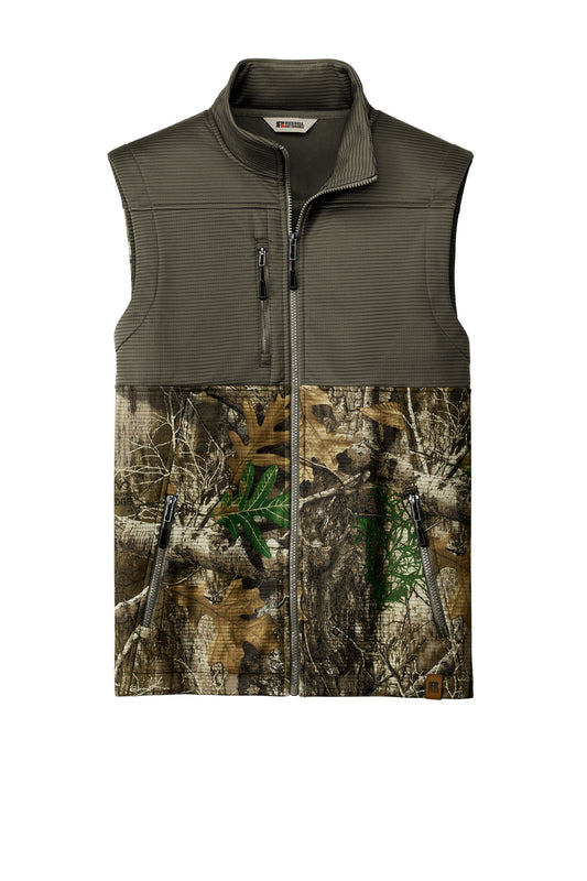 Front View of CrgBr/RTEd Russell Outdoors Realtree Atlas Colorblock Soft Shell Vest RU604