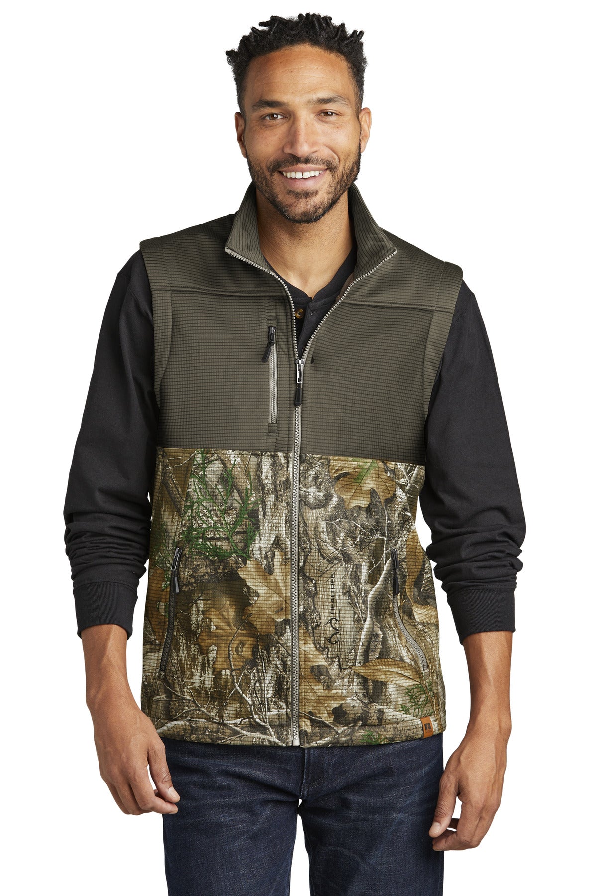 Front View of CrgBr/RTEd Russell Outdoors Realtree Atlas Colorblock Soft Shell Vest RU604
