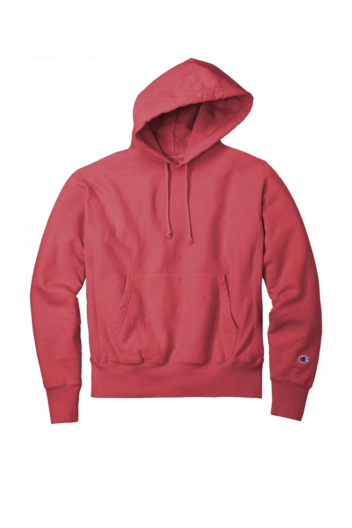 Front View of Crimson Champion Reverse Weave Garment-Dyed Hooded Sweatshirt. GDS101