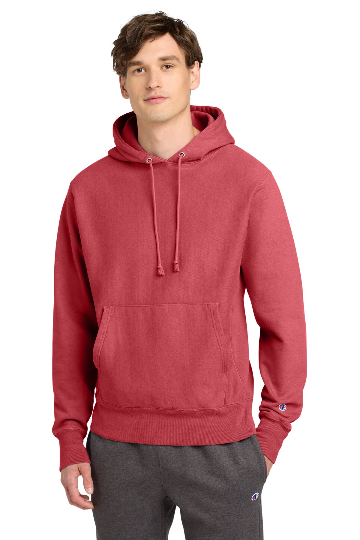 Front View of Crimson Champion Reverse Weave Garment-Dyed Hooded Sweatshirt. GDS101