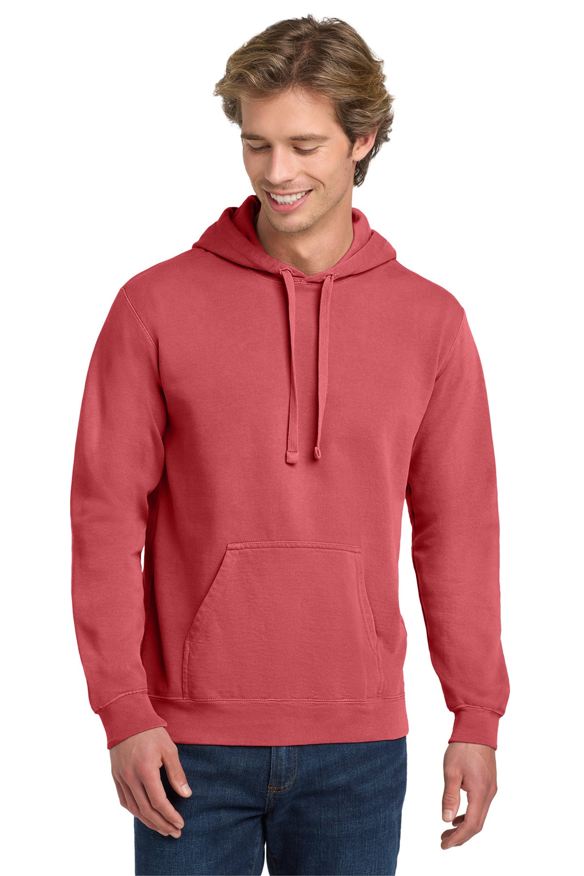 Front View of Crimson COMFORT COLORS Ring Spun Hooded Sweatshirt. 1567