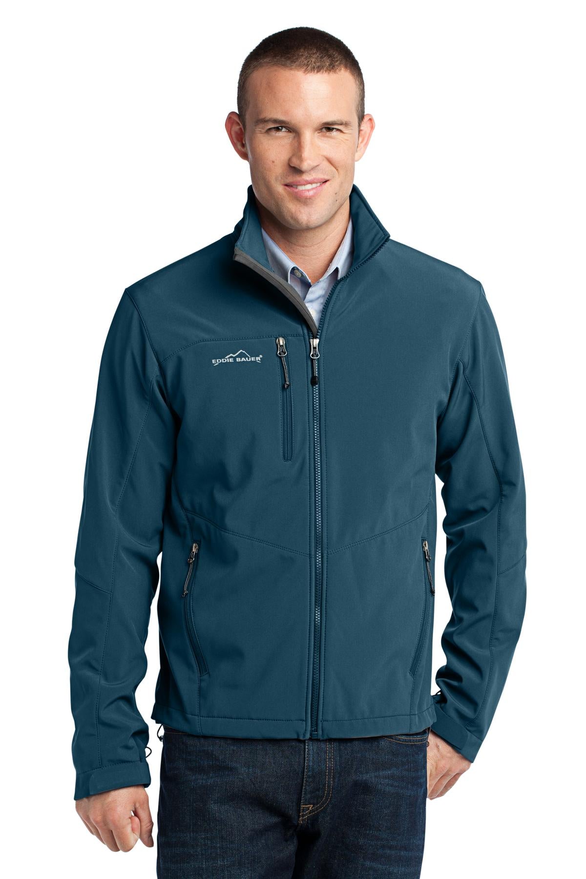Front View of Dark Adriatic Eddie Bauer - Soft Shell Jacket. EB530