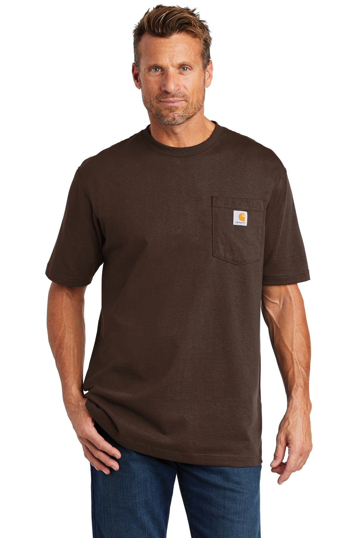 Front View of Dark Brown Carhartt Tall Workwear Pocket Short Sleeve T-Shirt. CTTK87