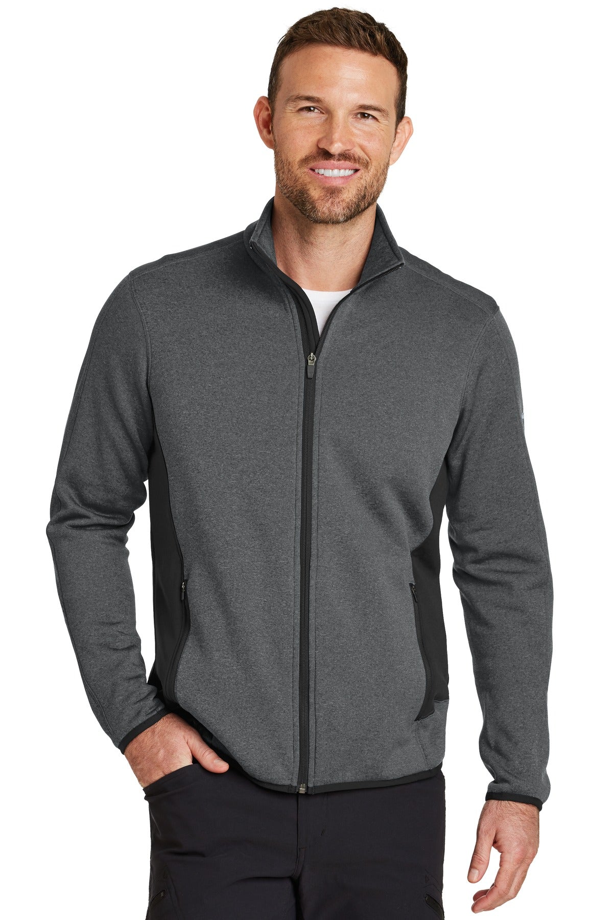 Front View of Dark Char Hthr Eddie Bauer Full-Zip Heather Stretch Fleece Jacket. EB238