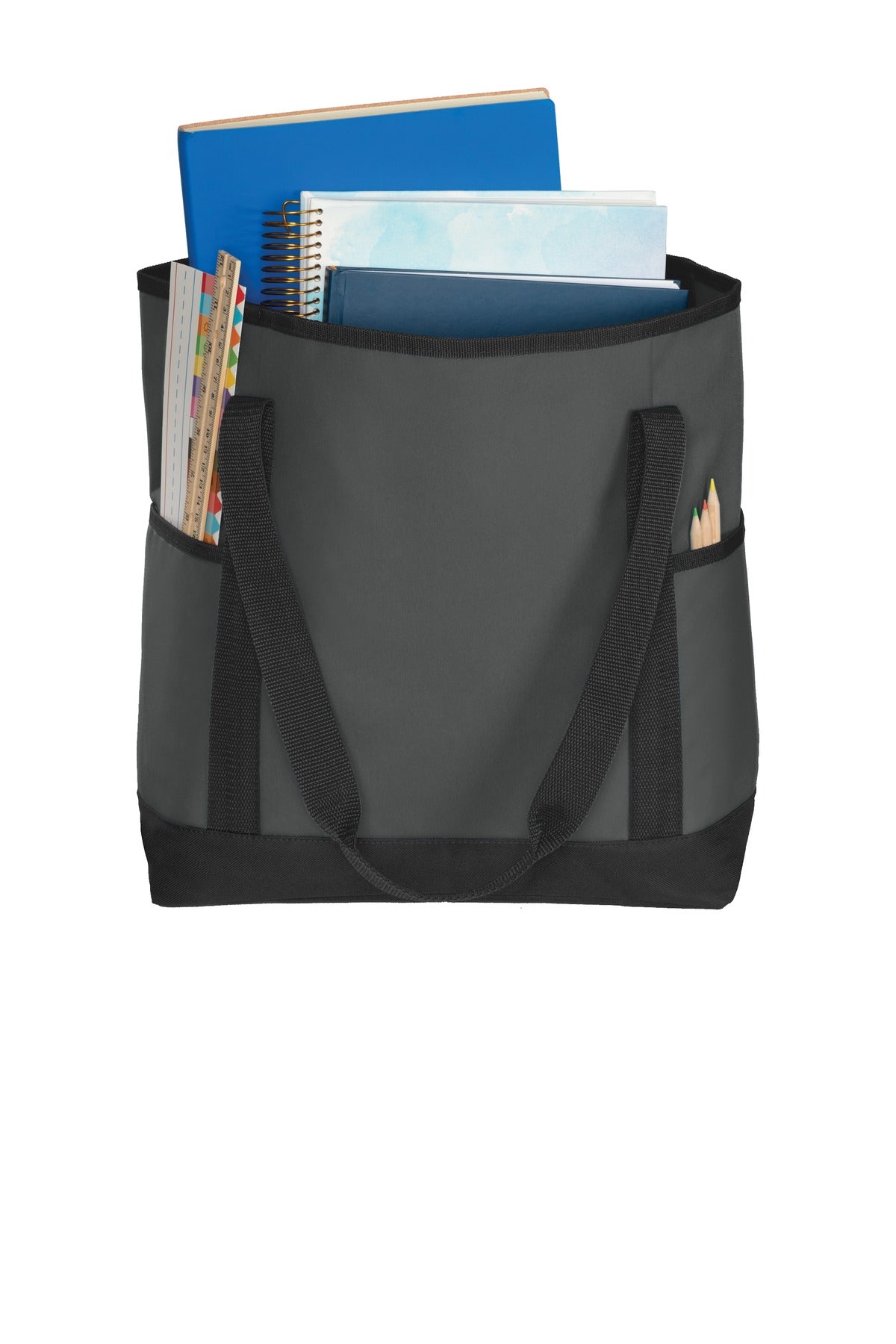 Front View of Dark Char/Blk Port Authority On-The-Go Tote. BG411