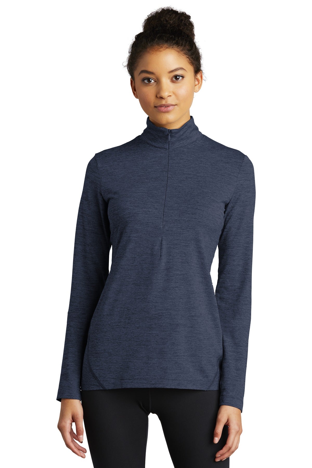 Front View of Dark Denim Hth Sport-Tek Women's Exchange 1.5 Long Sleeve 1/2-Zip LST711