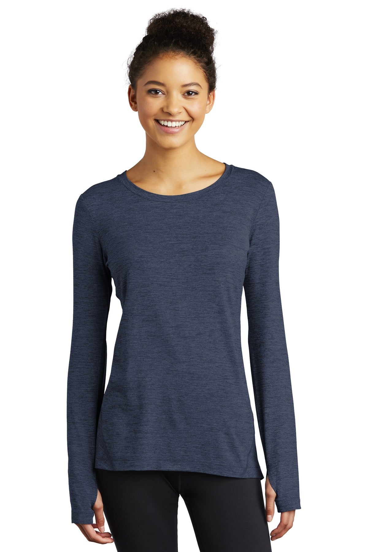 Front View of Dark Denim Hth Sport-Tek Women's Exchange 1.5 Long Sleeve Crew LST710
