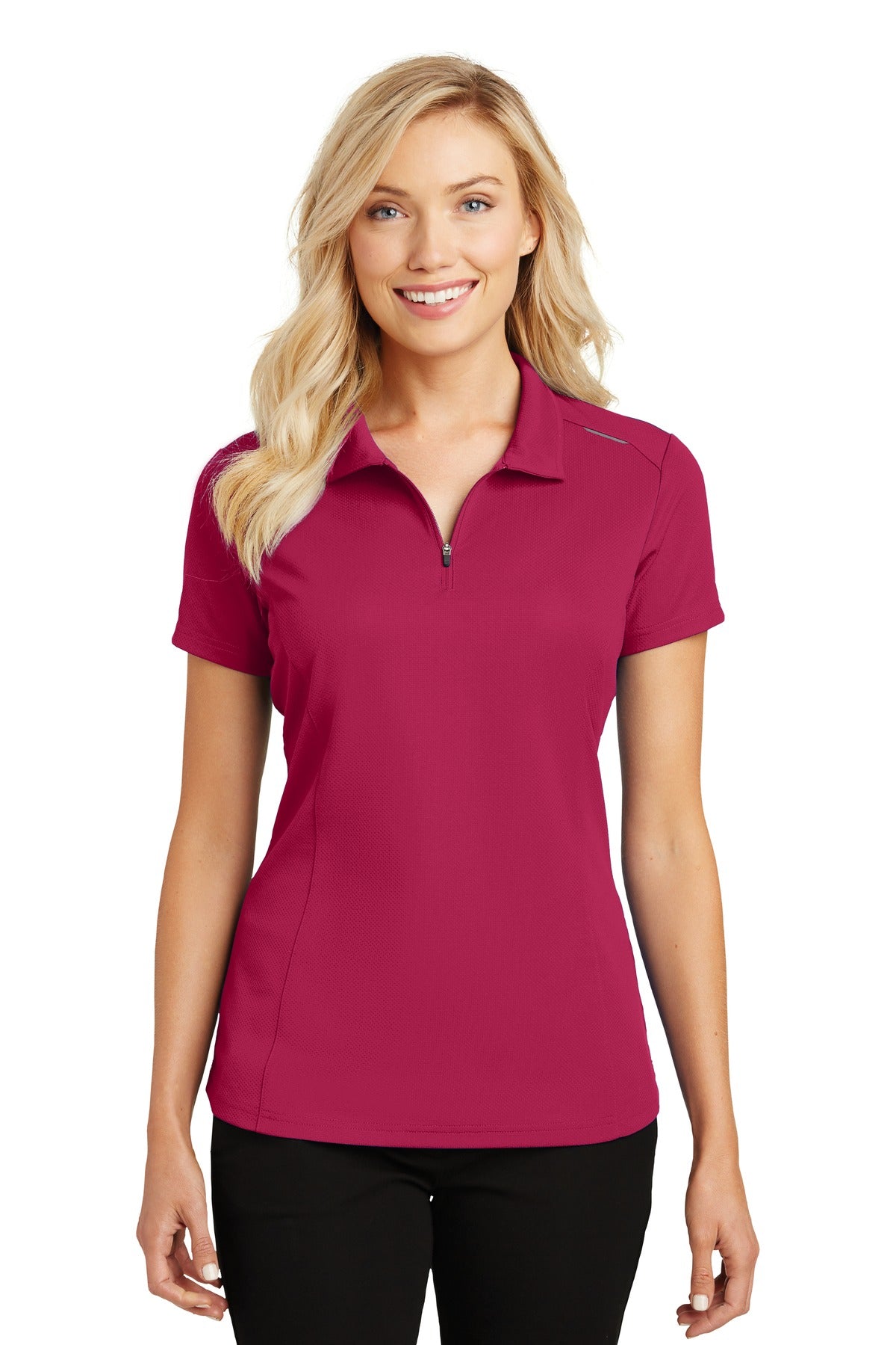 Front View of Dark Fuchsia Port Authority Women's Pinpoint Mesh Zip Polo. L580