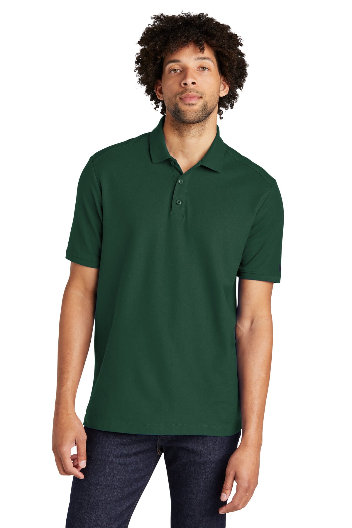 Front View of Dark Green New Era Venue Home Plate Polo. NEA300