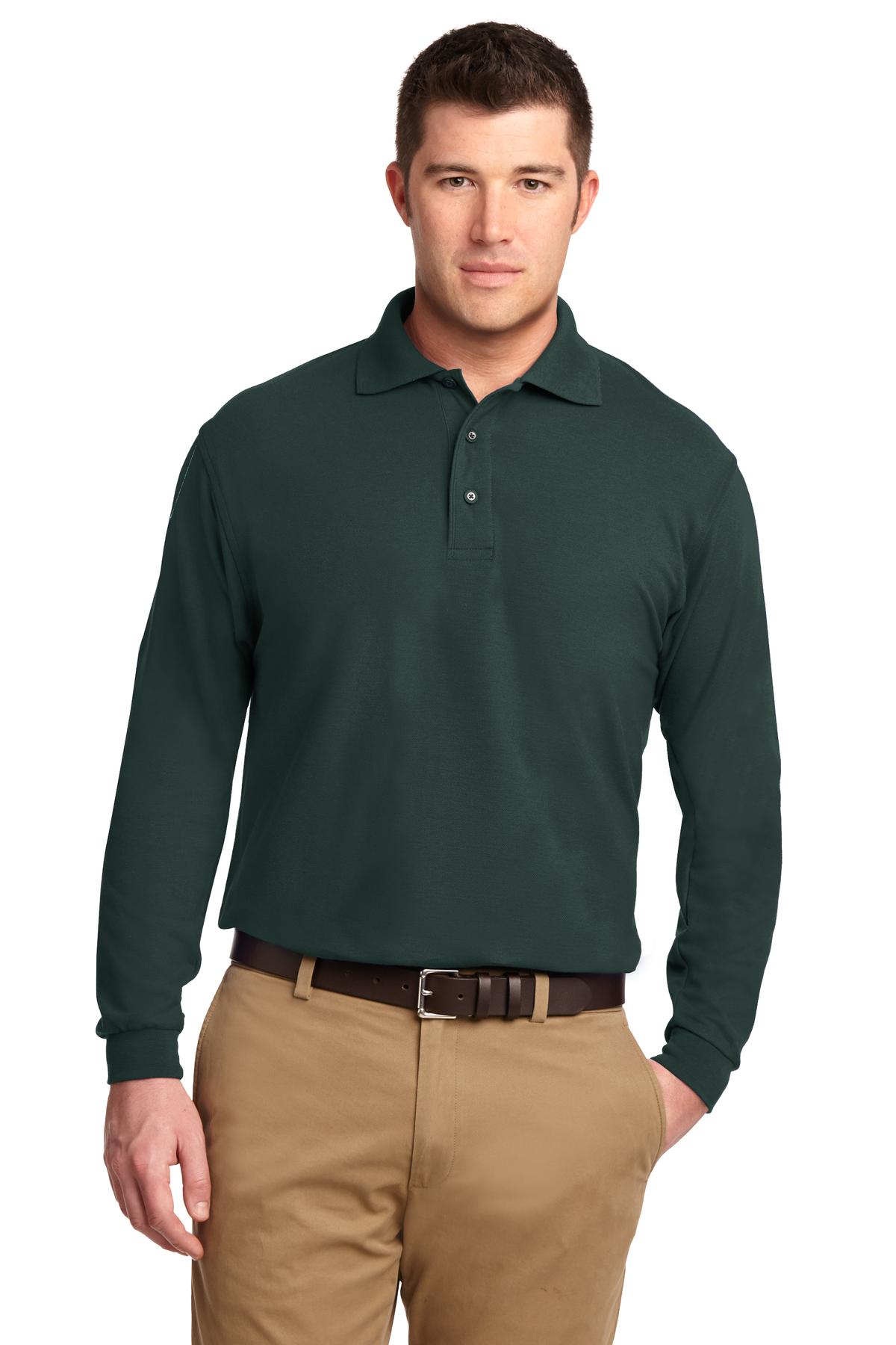 Front View of Dark Green Port Authority Silk Touch Long Sleeve Polo. K500LS