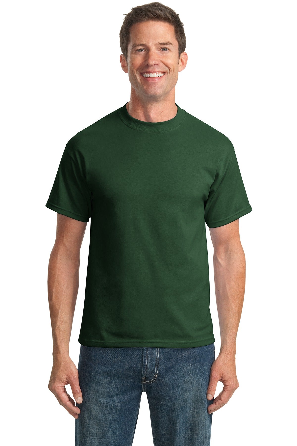 Front View of Dark Green Port & Company Tall Core Blend Tee. PC55T