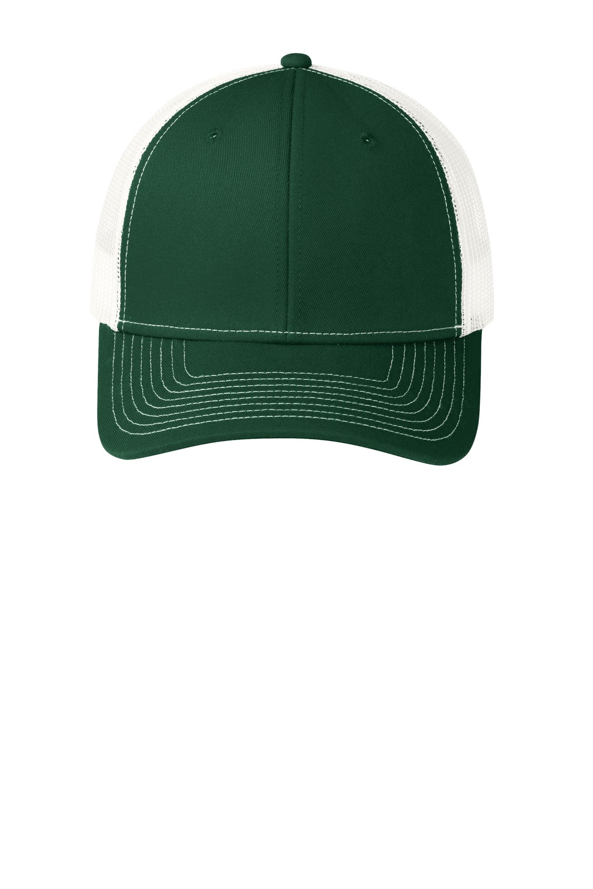 Front View of Dark Green/Wht Port Authority Snapback Trucker Cap. C112